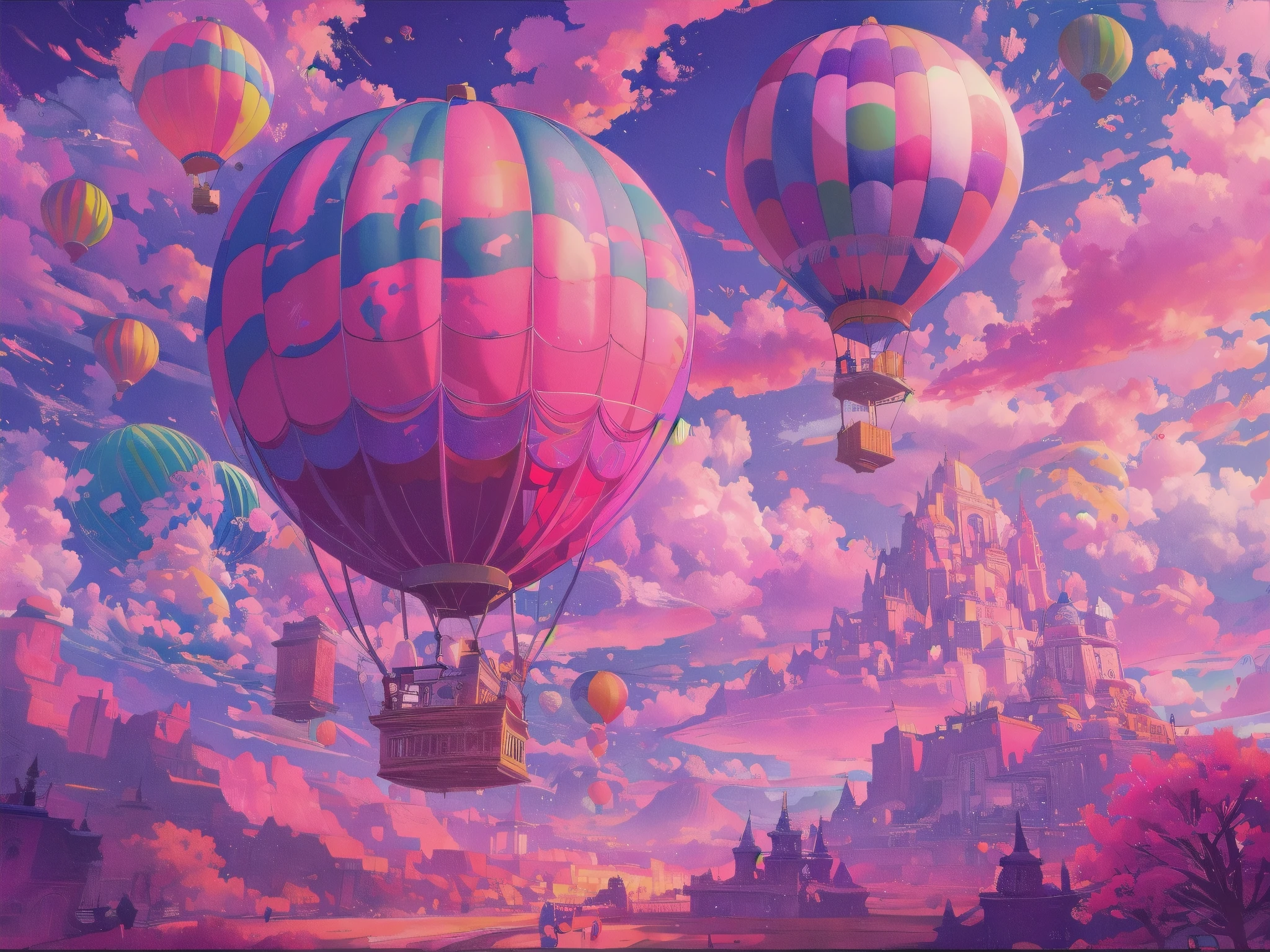 Generate a vibrant vaporwave scene with rich fantasy elements and hot air balloons. Include bold hues, watercolor clouds, and a dreamy background. The hot air balloon is important and should be detailed and pretty. 