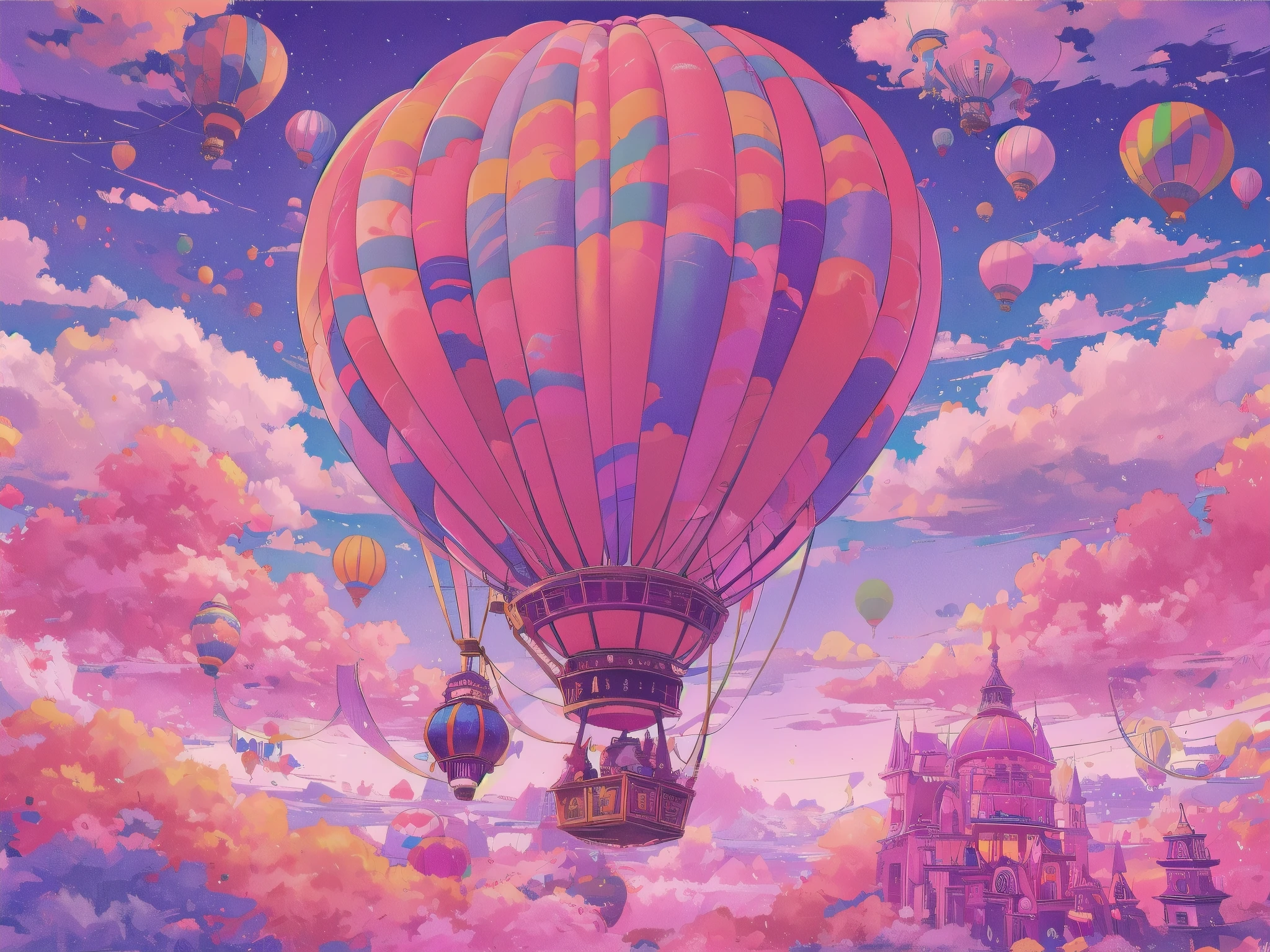 Generate a vibrant vaporwave scene with rich fantasy elements and hot air balloons. Include bold hues, watercolor clouds, and a dreamy background. The hot air balloon is important and should be detailed and pretty. 