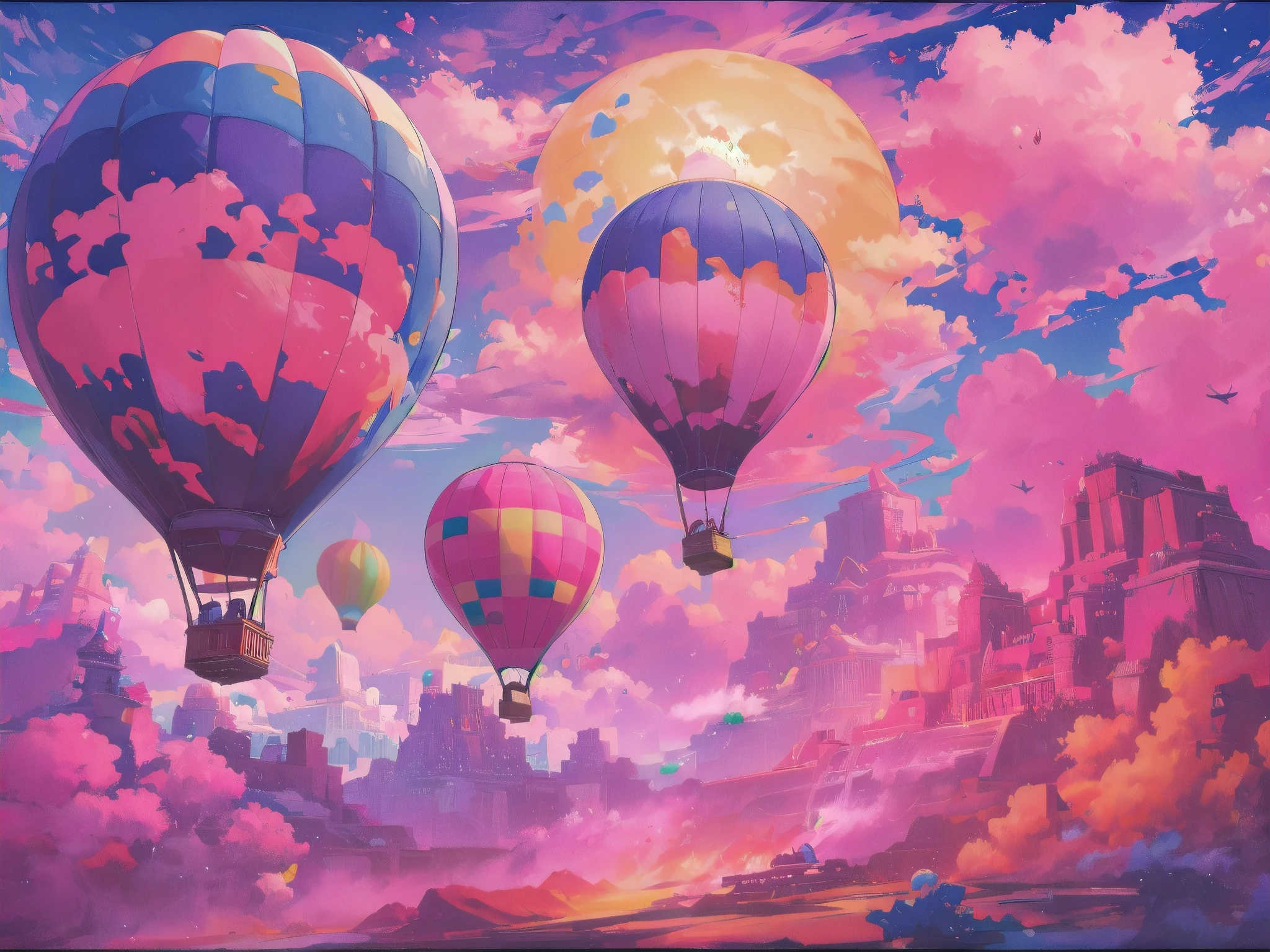 Generate a vibrant vaporwave scene with rich fantasy elements and hot air balloons. Include bold hues, watercolor clouds, and a dreamy background. The hot air balloon is important and should be detailed and pretty. 