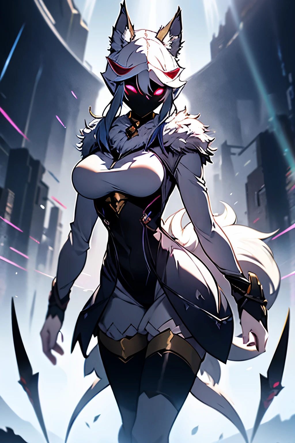 White hair, ethereal aura, serenity, wielded bow, light garments, spectral wolf, fierce nature, visual duality, soul hunters, smooth transition, agile posture, intense expression, light tones, dark tones, black facial mask.