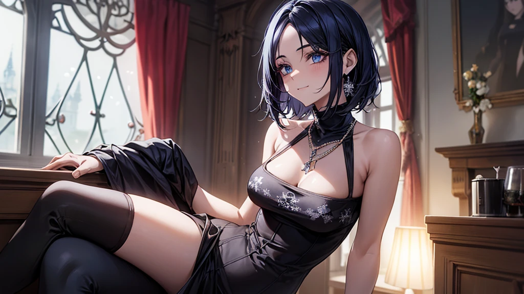 (RAW photo:1), (best quality:1.3), (masterpiece:1.3), (ultra-detailed:1.3), (beautiful:1), (beautiful detailed eyes:1.1), (extreme detailed illustration:1.3), (professional lighting, face lighting:1.2), (perfect anatomy, left to right balance, beautiful eyes,:1.3), soft light, beautiful body, light brown hair, short hair, bob cut hairstyle: 1.3, (light brown eyes:1.2), fitness trainer, focused and professional, extreme detailed illustration, 1girl, (smile:1.2), (cute:1.2), happy, twenties, looking at viewer, sheer mesh tops, black tight skirt, Silver chain necklace, piercings, silver bracelet, sitting on bed, spread legs, tilting head, Design a Mediterranean-style room interior featuring whitewashed walls, terracotta tiles, and vibrant blue accents. Include rustic wooden furniture, natural fabrics, and plenty of sunlight to create a warm and inviting atmosphere, head to thighs, wide angle
