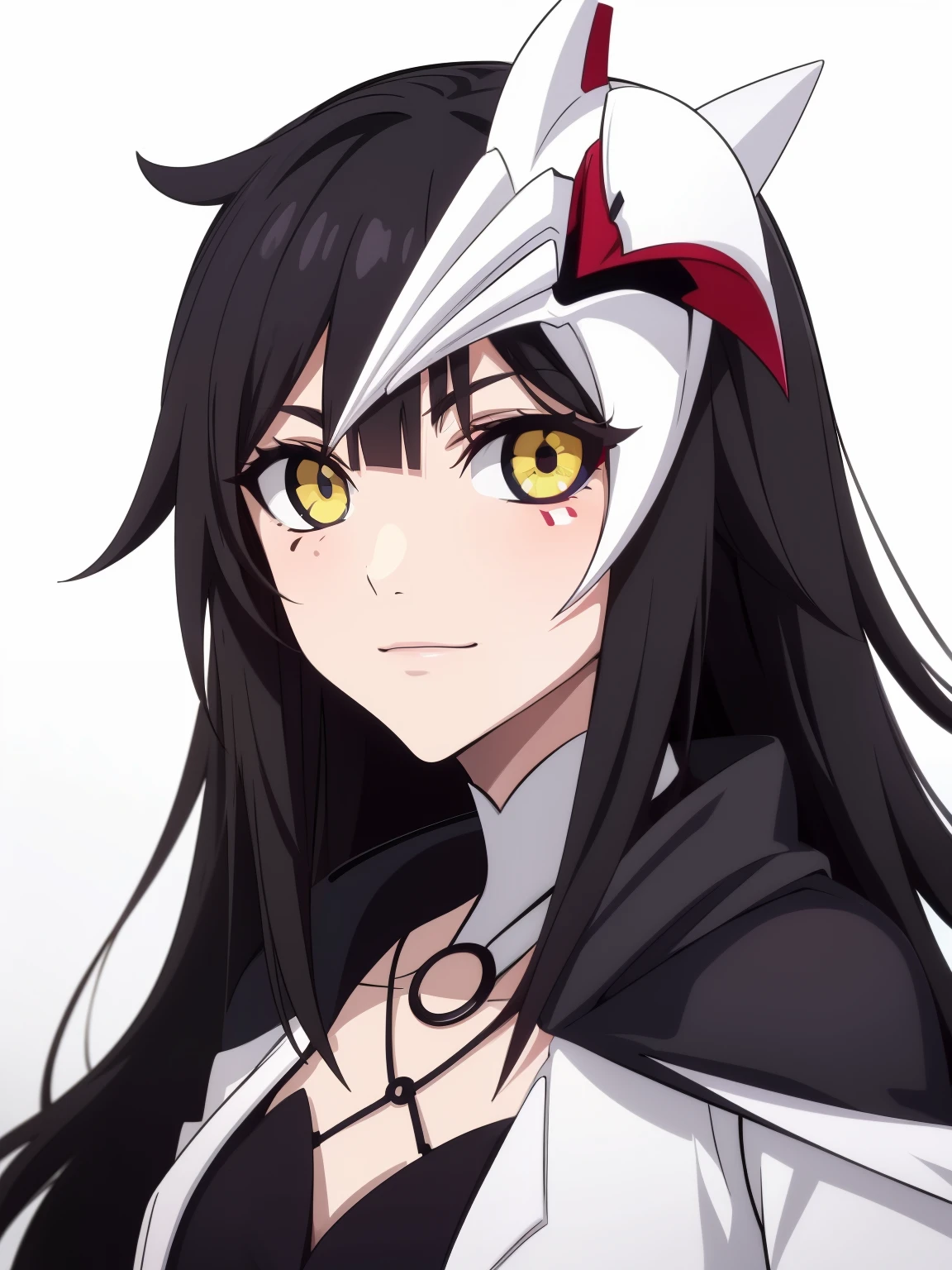 (high-quality, breathtaking),(expressive eyes, perfect face) 1girl, female, solo, adult age, Symmetrical Eyes, simple grey gradient background, long hair, shag hair, portrait, looking at viewer, black cape, scarf, white bone armor, detached collar, hollow mask, espada, golden yellow eye color, hollowfication, ichigo hollow mask inspiration, fox mask, black hair color, pink highlights,
