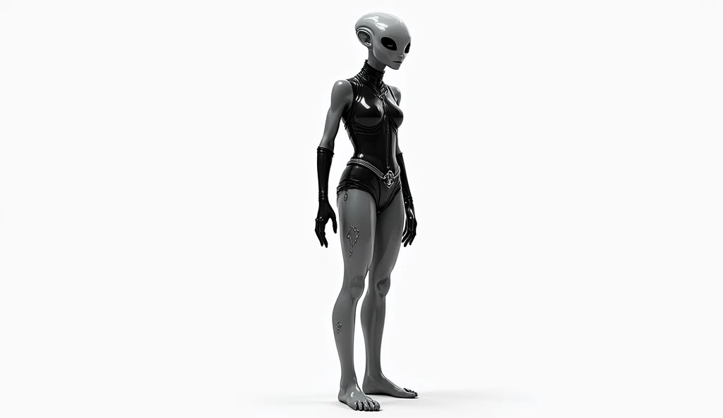 (((Masterpiece))), (high quality),(one alien girl:1.2), 15 years old,(innocent smile),5 heads,(Skinhead,Gray aliens,Large, dark, almond-shaped eyes,:1.2),(No hair, no whites, no ears:1.3),(Wearing a silver body-fitting suit:1.2),(arched back,arms behind back:1.5),Plain background,(from above:1.5)