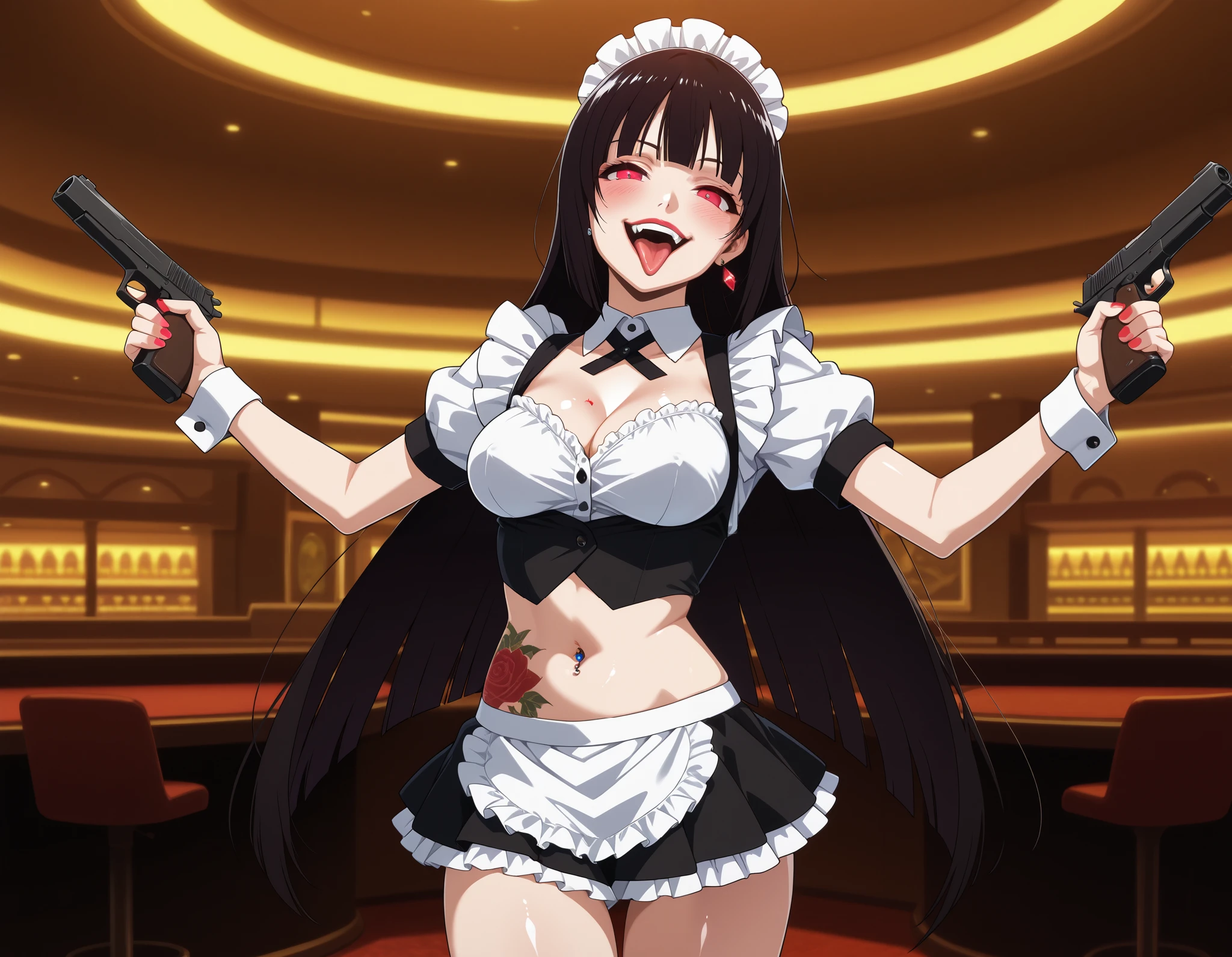 masterpiece, best quality, amazing quality, highres, absurdres, very aesthetic, high resolution, ultra detailed, perfect details, 1girl, solo, indoors, casino, medium breasts, jabami yumeko, long hair, black hair, bangs, himecut, red eyes, , red nails, nail poilsh, white shirt, collared shirt, blush,  tongue out, blush, lipstick, Hot girl, baddie, bad attitude, mean girl, crazy, smoking, sensual, attractive,  bar background, inside bar,indoors, cityscape, nightclub, city lights,jewelry, earrings, complex detailed background, casino environment, fancy interior environment, rich
interior, masterpiece, best quality, highly detailed, a anime girl in maid uniforms, holding pistol, maid
outfit, cleavage, evil smile, smile, open mouth ,ecchi anime style, anime girls, ecchi style, ecchi, digital
anime art!!, in anime style, official artwork, (nsfw) not safe for work, beautiful anime maid girl, anime
style 4 k, micro skirt, exposed belly, exposed navel, exposed midriff, exposed lower belly, holding a gun,, casino   , dragon tattoo, dual wielding, tattoo on body, tattoo midriff, tattoo, shiny skin, open arms sideway, arms T-pose, smirk, standing, anime girl T posing, navel piercing
