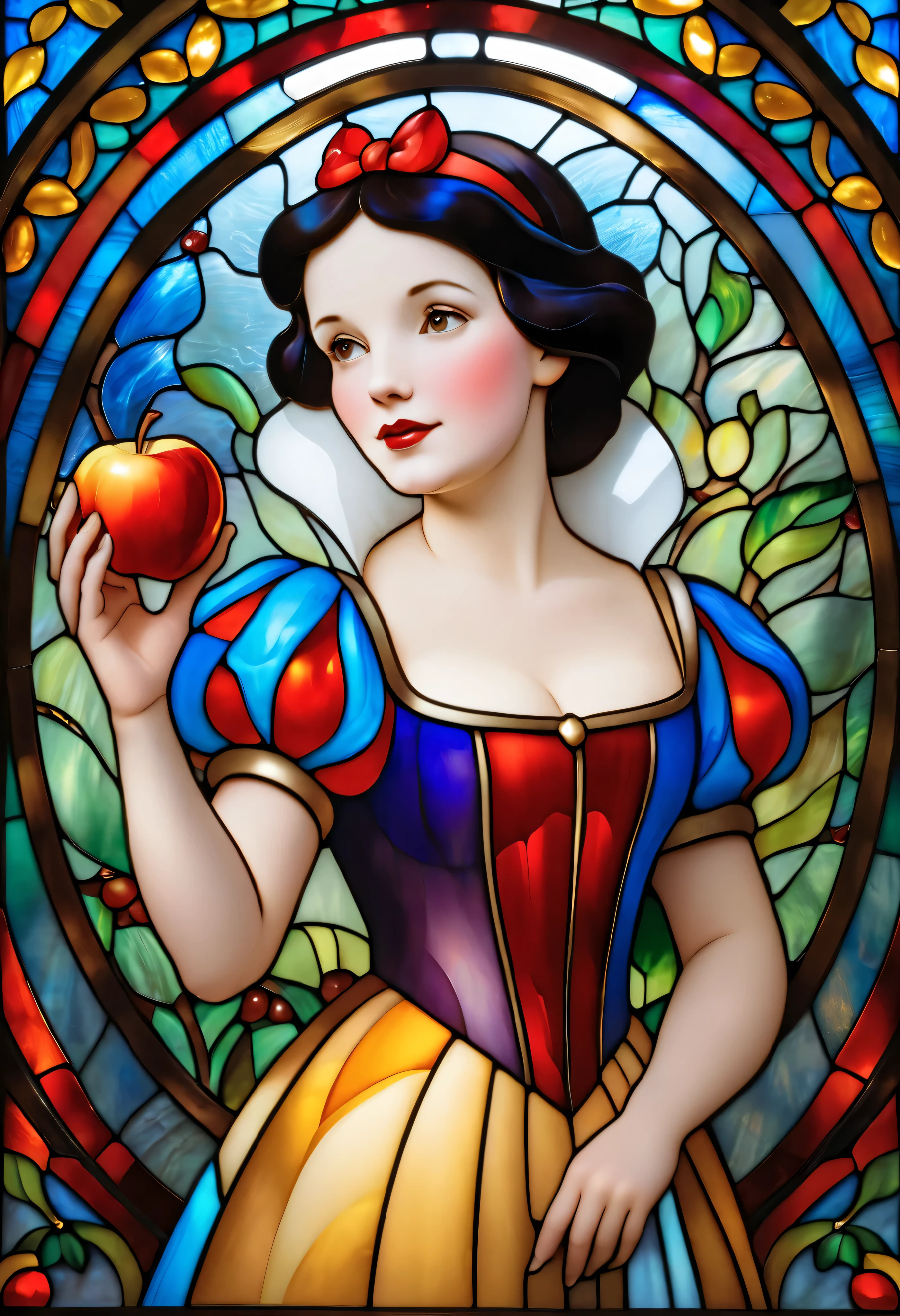 a  stained glass picture of a woman holding an apple,  stained glass art,  stained glass style, masterpiece  stained glass, maxim verehin  stained glass, Disney-style picture ,  stained glass,  stained glass, portrait of snow white,  stained glass!!, snow white, Disney Art , golden twilight  stained glass, Disney Art ist, Inspired by Jean Élion