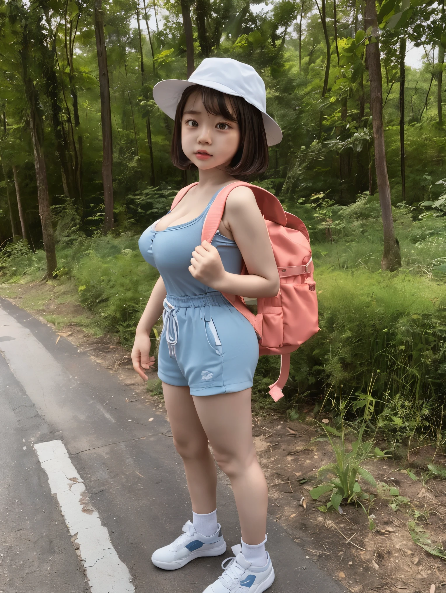 ( top quality), ( Sharp Focus :1.3),   vivid details  ,   HYPERREALISTIC , (  japanese elementary school girl),   Japanese idol  ,  Photorealism,   blue-white skin,   1 elementary school student  , Alone, (  full body: 1.1), ((  plump breasts , Big Breasts)), ( Poke the nipples ), pretty face,   detailed eyes,   dark brown eyes, Well-formed eyes,   thin waist  , (  bob cut),   bob cut hair, (Luanie0159   ,    backpack , Gym Clothes,     backpack,   yellow hat, school hat  ), (take off), take off whirt,   open shirt ,    go back to the arch   ,  Thick Ass,   bubble butt  ,   thin waist  , Low light,    female   , forest, Walking, (forest enviroment, outside)