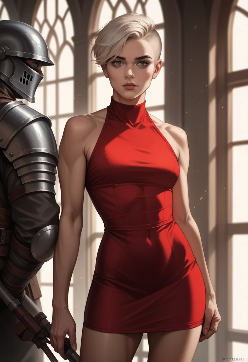 ( best quality ,  Ultra-detailed,  photorealistic : 1.39),  Bright and vibrant colors ,  studio lighting ,  romantic expression ,  red short dress, Secure dress , undercut short bob platinum blonde hair,  small tits , adjust, Muscular,  short hair, mercenary