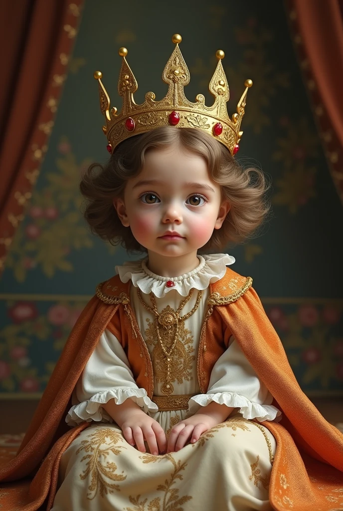 A beautiful toddler girl, the Queen of Hearts, lying in her ornate cradle in her room, (beautiful detailed eyes,beautiful detailed lips,extremely detailed eyes and face,longeyelashes), (best quality,4k,8k,highres,masterpiece:1.2),ultra-detailed,(realistic,photorealistic,photo-realistic:1.37),intricate baroque style interior, dramatic chiaroscuro lighting, vivid colors, ornate crown, lace, satin, porcelain, fantasy, digital art
