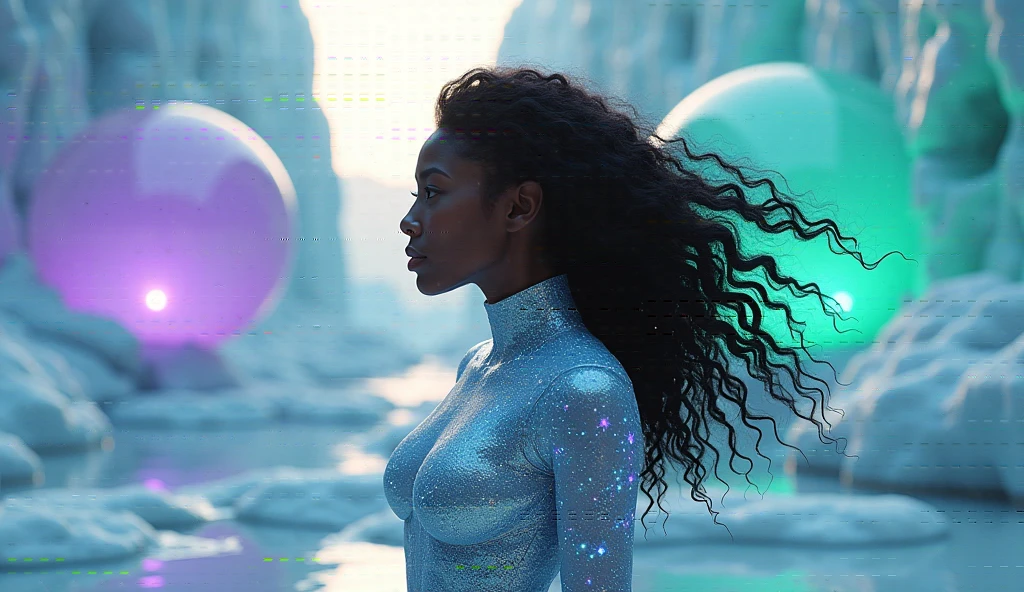 Black Woman with curly long hair, blue outerspace outline around her. Long hair, sexy, crazy, insane, in a sexy cat crawl position.