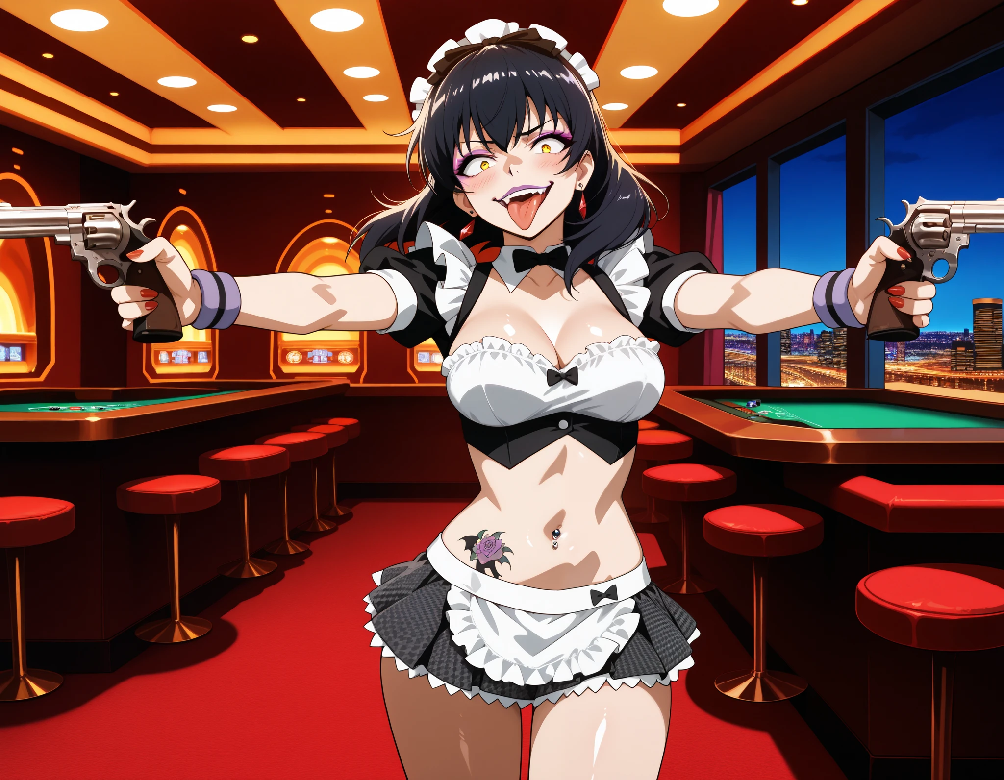 masterpiece, best quality, solo, 1girl, ikishima midari, makeup, purple lips,  tongue out, looking at viewer, holding gun, revolver, long hair, black hair, hairband, yellow eyes, constricted pupils,  houndstooth, wristband, indoors, casino,  , red nails, nail poilsh,  blush, lipstick, Hot girl, baddie, bad attitude, mean girl, crazy, smoking, sensual, attractive,  bar background, inside bar,indoors, cityscape, nightclub, city lights,jewelry, earrings, complex detailed background, casino environment, fancy interior environment, rich
interior, masterpiece, best quality, highly detailed, a anime girl in maid uniforms, holding pistol, maid
outfit, cleavage, evil smile, smile, open mouth ,ecchi anime style, anime girls, ecchi style, ecchi, digital
anime art!!, in anime style, official artwork, (nsfw) not safe for work, beautiful anime maid girl, anime
style 4 k, micro skirt, exposed belly, exposed navel, exposed midriff, exposed lower belly, holding a gun,, casino   , dragon tattoo, dual wielding, tattoo on body, tattoo midriff, tattoo, shiny skin, open arms sideway, arms T-pose, smirk, standing, anime girl T posing, navel piercing
