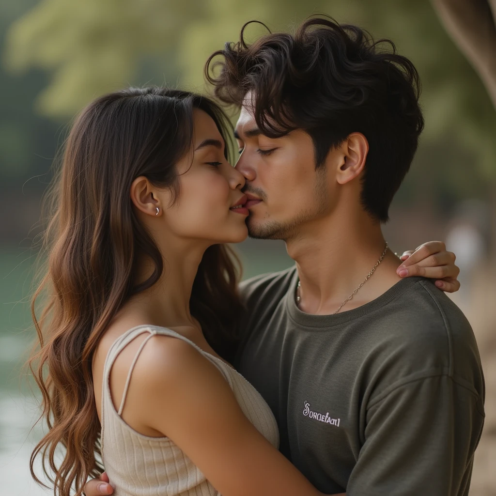 Man wearing maroon full sleeved t shirt and ripped jeans kissing a sexy woman wearing a olive green tank top, white shirt and pants in an amusement park