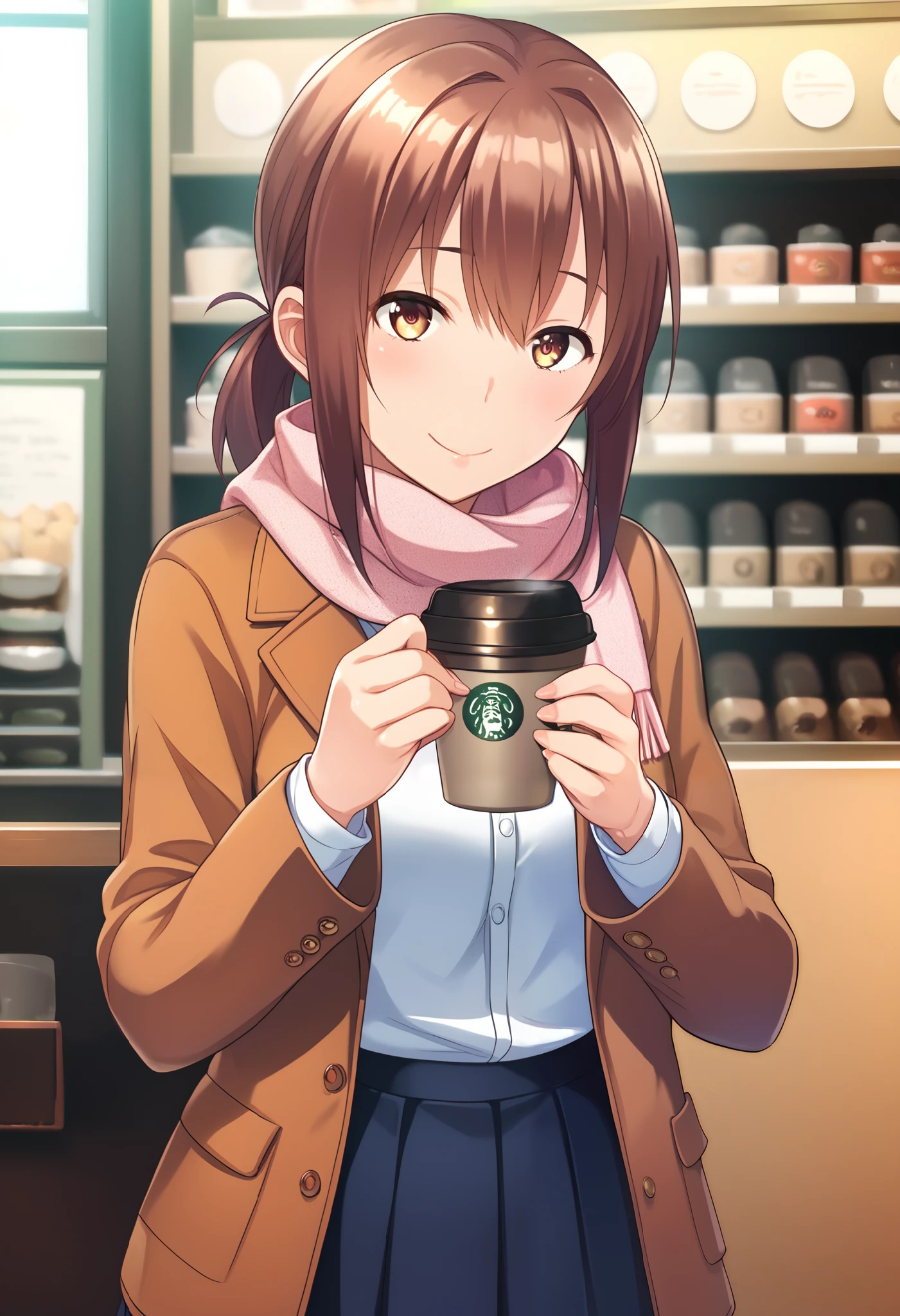 score_9, score_8_up, score_7_up, uncensored, source_anime, 1girl, solo, masterpiece, best quality, detailed face, face focus, BREAK hirasawa_yui, 1girl, solo, scarf, jacket, coffee shop, pleated skirt, 