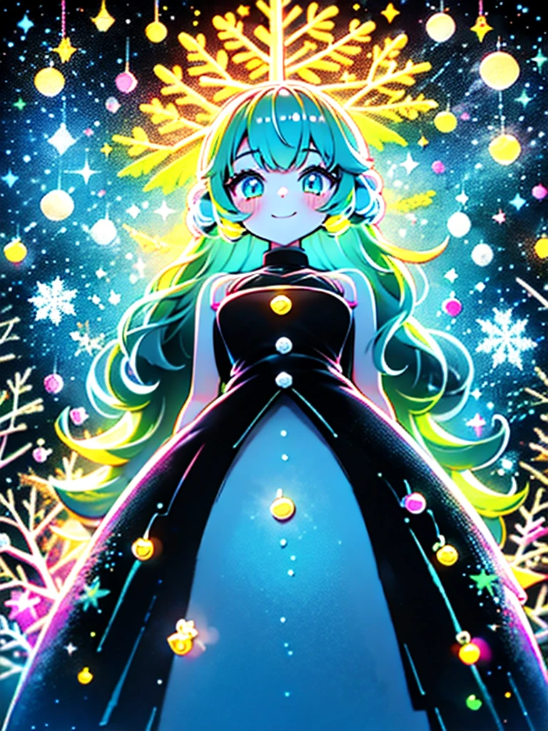 1girl,Chibi、 best smile 、 best detail、cute、 Christmas wreath 、 Neon Color Gradation Hair Color、White and Black Santa Claus Dress 、 snowman、 Snowflakes 、 fantasy、 absurd、 neon lights enhance the cuteness、世界一cute絵、 Christmas Lights、 Proximity Method、 view from below、