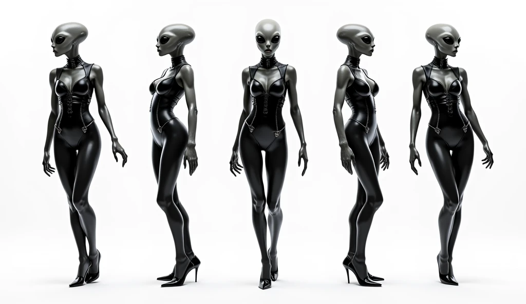 (((Masterpiece))), (high quality), one beautiful alien girl, ,(Close-up of a woman in a bodysuit standing, Female Alien, 裸足の美しいGirlエイリアン, happy Female Alien, Alien Girl, Gray aliens, Foreign women, Gray aliens, Alien Grey, SF Android Female, Retro-futuristic female android, Beautiful female android, Alien-like, Alien Search, Female humanoid, Art Alien, Sci-fi female characters),(A gray type alien girl is standing backwards:1.5),(5 heads,Back view,Plain background:1.5),(5 heads、Girl、five-headed body:1.5)