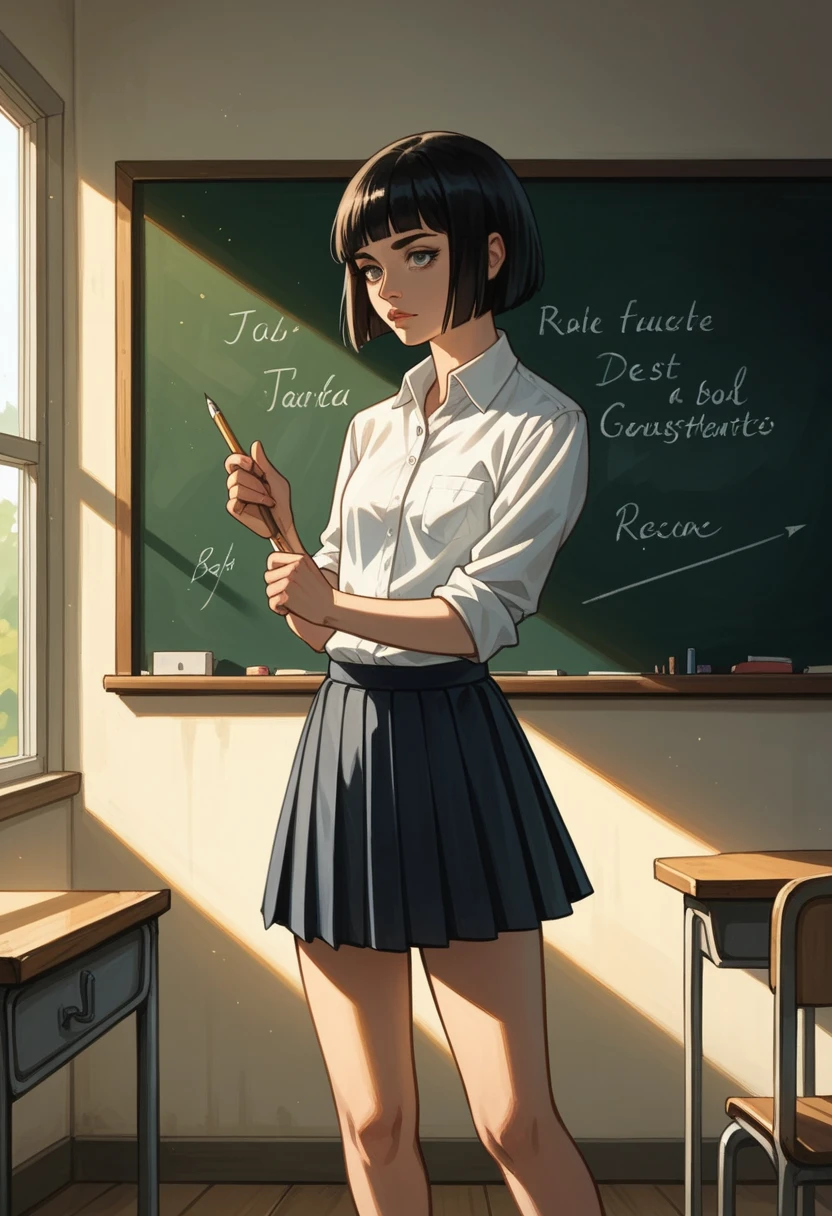 attractive girl, Sensual, rascal,  black hair, short bangs, hime cut, (  small breast  ),  collared shirt ,  rolled up sleeves , pleated skirt, gravata, loafers,  dramatic lighting ,  digital painting ,  illustration, ( masterpiece ,  best quality :1.2), comic style,  classroom, blackboard, standing, (whole body:1.2)