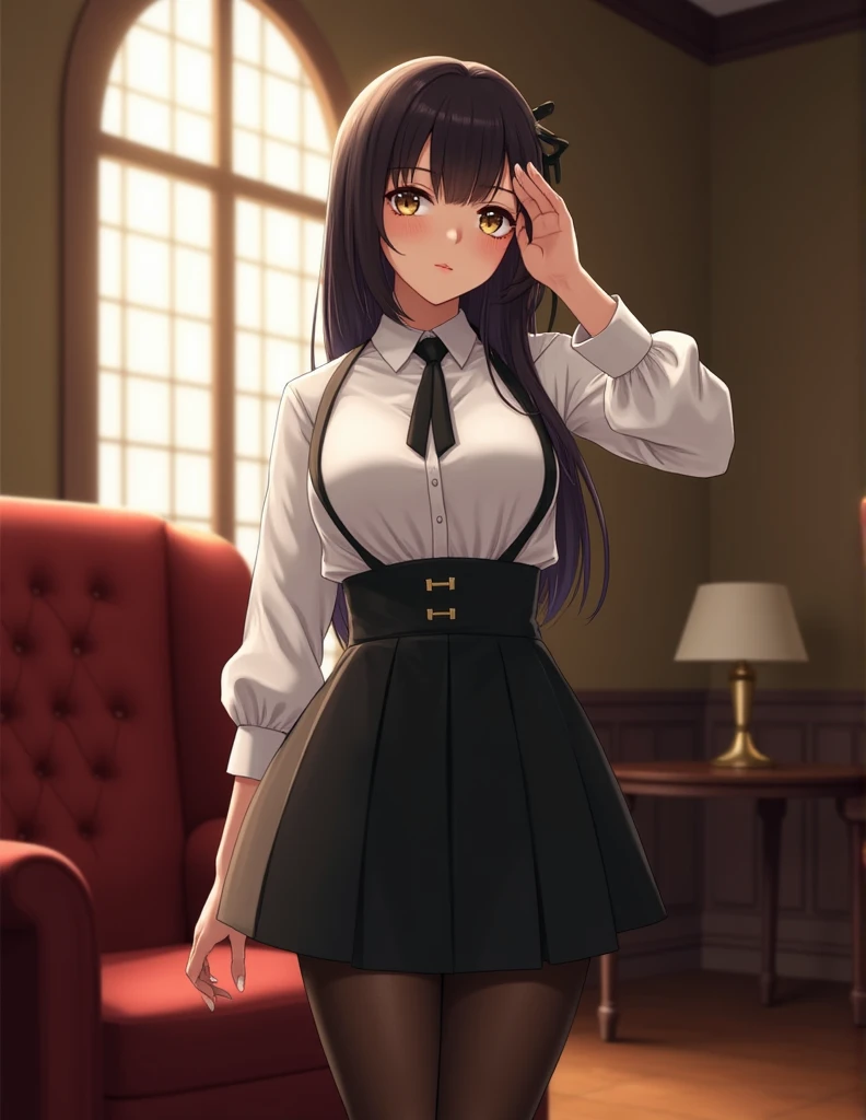  under the top , gr4n  , (((masterpiece,   high resolution,   perfect face))), (Top quality eyes),   detailed texture  , ((High resolution eyes)), Hentai,  standing in the pastor's room , The left hand is saluting ,  and the right hand is saluting.  white blouse, Formal skirt,  black stockings 