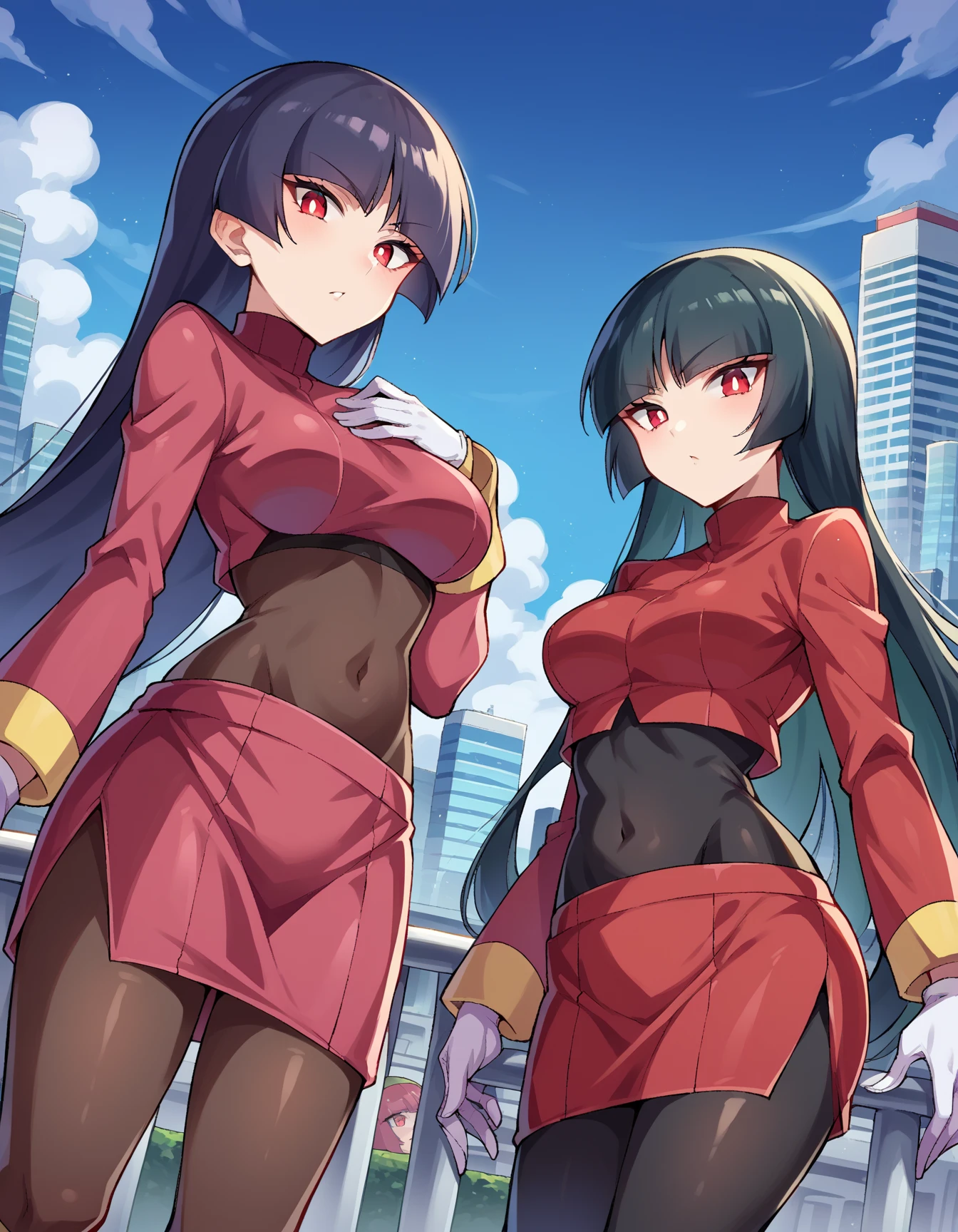 score_9, score_8_up, score_7_up, source_anime,
pokemon sabrina, pokemon sabrina, black hair, long hair, bangs, blunt bangs, red eyes, hime cut, sidelocks, white pupils,
jacket, crop top, bodysuit, covered navel, midriff, red jacket, turtleneck, side slit, gloves, white gloves, long sleeves, pantyhose, skirt, red skirt, boots, red boots, socks, yellow socks, knee socks,
outdoors, cityscape,
looking at viewer, cowboy shot, dutch angle,
 boobs, breast suction, 2 girls, 