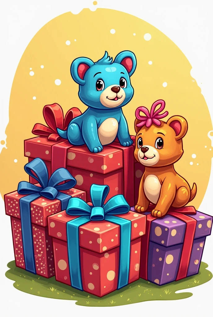 Stitch 3d, sitting down, Grinning, with birthday hat, next to gifts, Background transparent, pixar