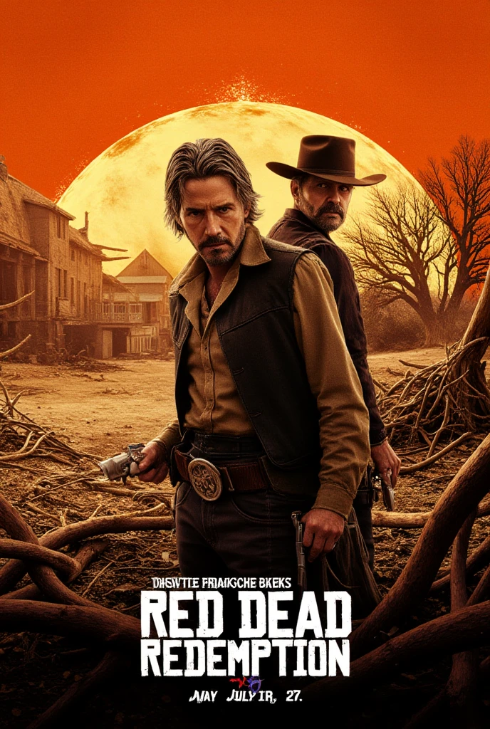   A realistic film poster in MV144  , ,  with the text of the title “Red Dead Redemption” and the subtitle “Outlaws Never Die”  .  }  The central figure is Keanu Reeves as a gray-haired bandit  ,   standing between the shadows of a ruined farm  ,   with a rusty revolver at his side  .  Keanu's face is eroded  ,   haunted by the ghosts of his past  .  in the background ,   The faint silhouettes of his family  ,   style barely visible through the dust storm  ,   that represents the past that struggles to recover  .

  The scene is set in the vast  ,  arid American frontier , ,  appear where the rolling plants run through a dry  , Cracked landscape  .   The sunset casts an orange glow over the horizon  ,   with long shadows that are extend to the figure  .   The environment is one of despair and reflection  , ,  emphasizing his internal conflict between his violent outlaw past and the peaceful future he dreams of but cannot fully understand.   The poster focuses on the untold story of his struggle to truly escape his past  . .