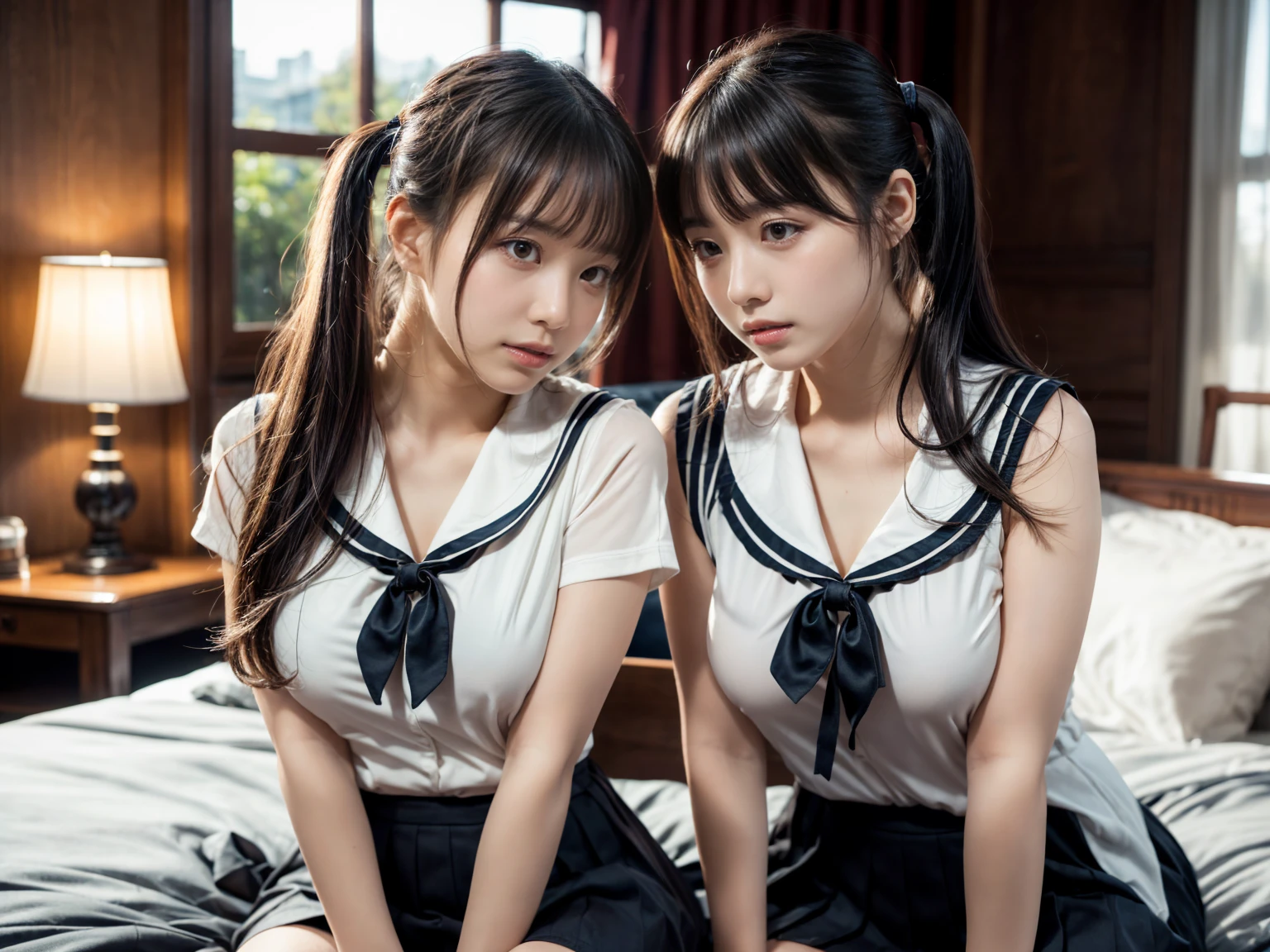 (Two schoolgirls)、Beautiful 18 year old Japan woman, (Two high school girls in short-sleeved white sailor suits:1.5), Japan strict girls' school sailor uniform, (Two schoolgirls sitting in a church pews:1.5), Beautiful and elaborate stained glass on the background, 1screen, in 8K, RAW shot, top quality photo, ​masterpiece, Amazing realism photos, Anatomically correct proportions, perfectly proportions, Cute woman like an idol in Japan, Detailed face, Detailed eyes, Narrow Nose, Detailed hands and fingers , detailed arms, Detailed skin, Detailed legs, short torso, Slender body, shiny long hair, Big breasts that seem to break through the uniform, Body Fit Sailor Suit、(High school girls staring at each other:1.5)、Schoolgirl with long and short hair、Two amazing-looking women, (Close your eyes and kiss passionately:1.5), (Lips touch:1.5), tightly hugging,lesbian, (Lustful), (Entwining tongues and kissing), ((facial close-up:1.5)), (Angle from chest to top:1.5)