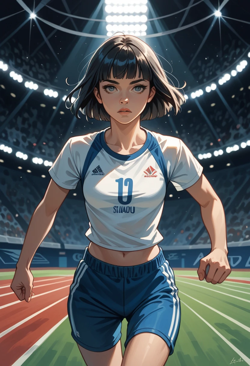 attractive girl, Sensual, rascal,  black hair, short bangs, hime cut, (  small breast  ),  tight white shirt , shorts de fitness azul,  dramatic lighting ,  digital painting ,  illustration, ( masterpiece ,  best quality :1.2), comic style, Olympics,running,(whole body:1.2)