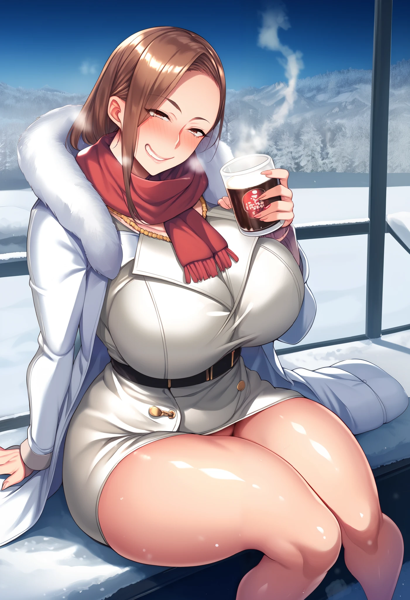 score_9, score_8_up, score_7_up, uncensored, source_anime, 1girl, solo,  shiny skin, huge breasts, thick thighs, wide hips, big ass, looking at viewer, seductive smile, grin, blush, long hair, brown hair, white coat, scarf, winter clothes, seductive, jewelry, sitting, (holding a cup of hot smoking drink), scenery, winter, snow, dynamic lighting, winter city, 