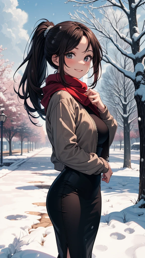 High very detailed Quality image
1girl, 27 years old girl, dark tan skin, blue grey eyes, wisdom personality, calm smile, friendly demeanor, absolute feminine beauty,elong dark brown hair, pink flower at left side of the hair, thin pale mouth lips, big breast, round big butt, beautiful arms, beautiful legs, yellow leather boots, green sweater, walking at the snowy park, sun rising in the pale blue sky,