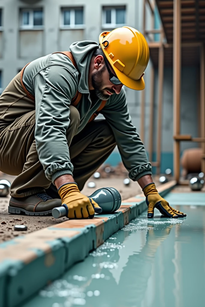 Visualize a realistic scene in 8K, showing a mason applying mortar to the back of a floor tile. He is standing, holding the floor with one hand and the trowel with the other, applying mortar with precision. The mason is equipped with blue PPE, including helmet, Gloves and uniform, that harmonizes with the predominant blue tone in the image. The high resolution captures the details of the mortar being applied, the texture of the floor and the worker's PPE, providing a clear and professional view of the floor preparation process. The surrounding environment also contains shades of blue, creating a cohesive and visually pleasing atmosphere