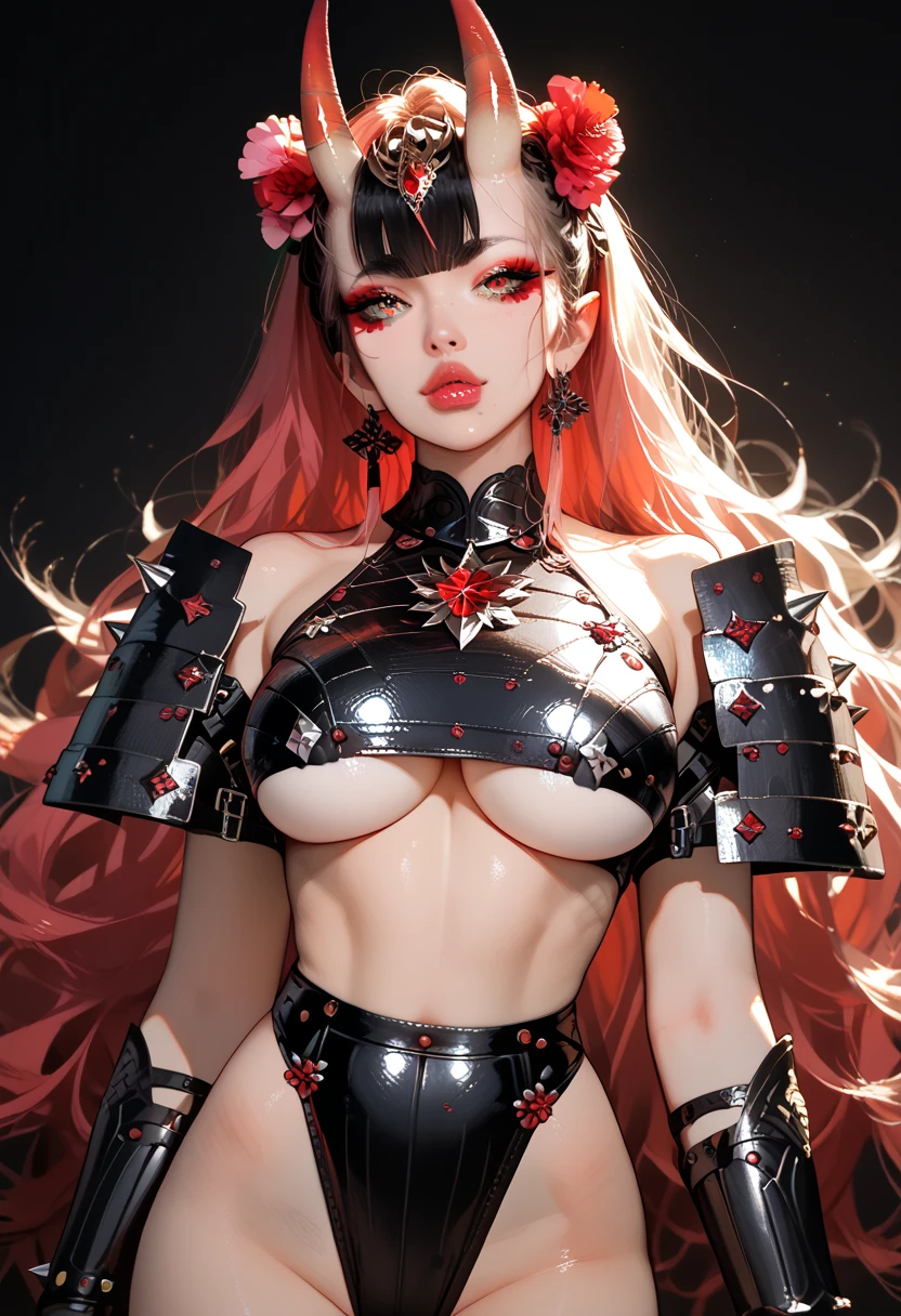 Create an image of the most stunningly gorgeous beautiful kijin, Stunningly gorgeous perfect face,  perfect makeup, detailed perfect silky smooth skin texture, detailed hour glass body figure, very long styled hair,  (matte black kijin armor spiked), ((underboob))), red horns, 