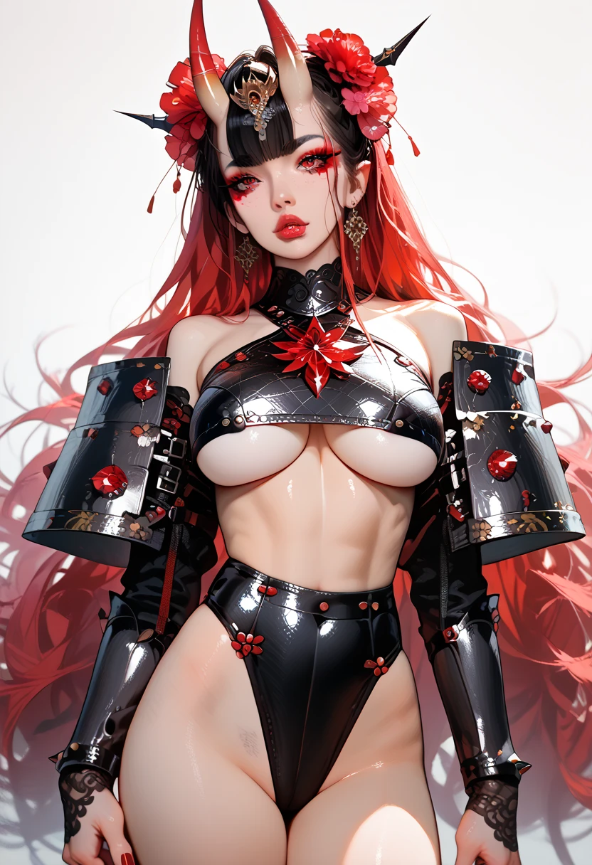 Create an image of the most stunningly gorgeous beautiful kijin, Stunningly gorgeous perfect face,  perfect makeup, detailed perfect silky smooth skin texture, detailed hour glass body figure, very long styled hair,  (matte black kijin armor spiked), ((underboob))), red horns, 