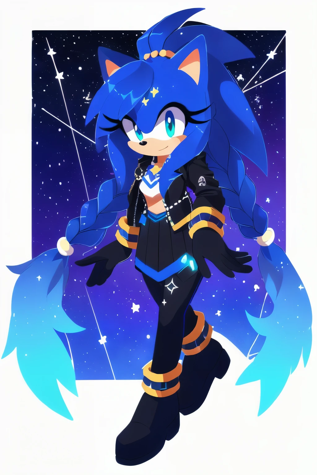 Sonic oc, Mobian, female, Cosmic hedgehog, A beautiful light blue hedgehog, purplish blue eyes, very long hair/quills, braided and beaded long hair bangs, long streaks of hair on each side of her face, (star constellation on hair), beads on hair, ponytail, smooth fur, black skin suit, black jacket, black skirt pants, ankle bracelet on both legs, black boots, star markings on both of her legs, black gloves,