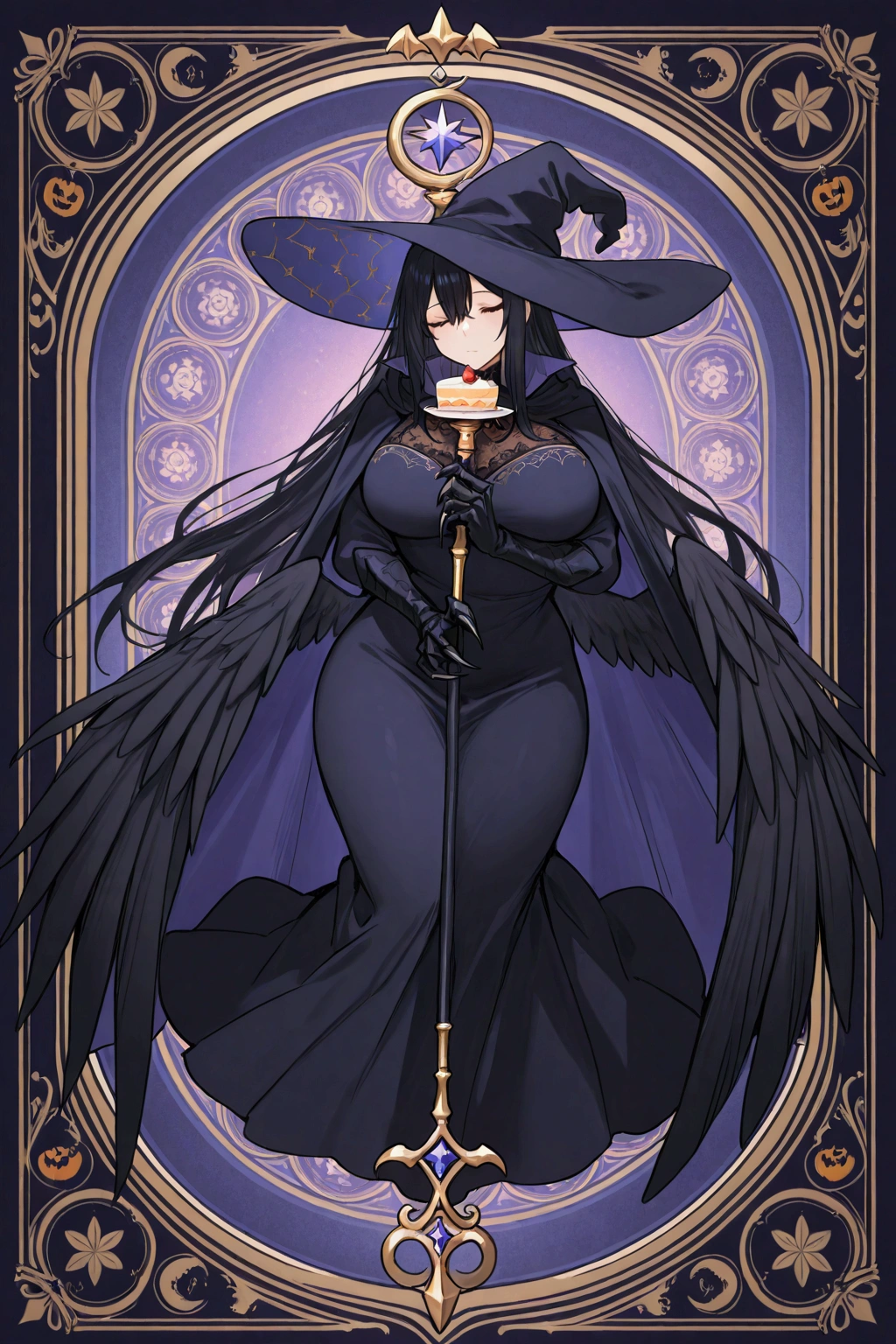 alone, mature woman with cake, Zoe from Toram Online reference, long dark hair, long bang covering half of her face, witch hat with Raven details, black heavy medieval dress with feather patterns, long cape thiicc,over dress,staff, large breasts ,black wings of raven with claws, beautiful woman, halloween background, flying crows on background, big blue book in hand ,perfect scene ,  Masterpiece, score 9, anime colors, sideways, AMERICAN SHOT, beautiful, composition, HARMONY, high quality,  poster quality ,beautiful,  feminine around ass .