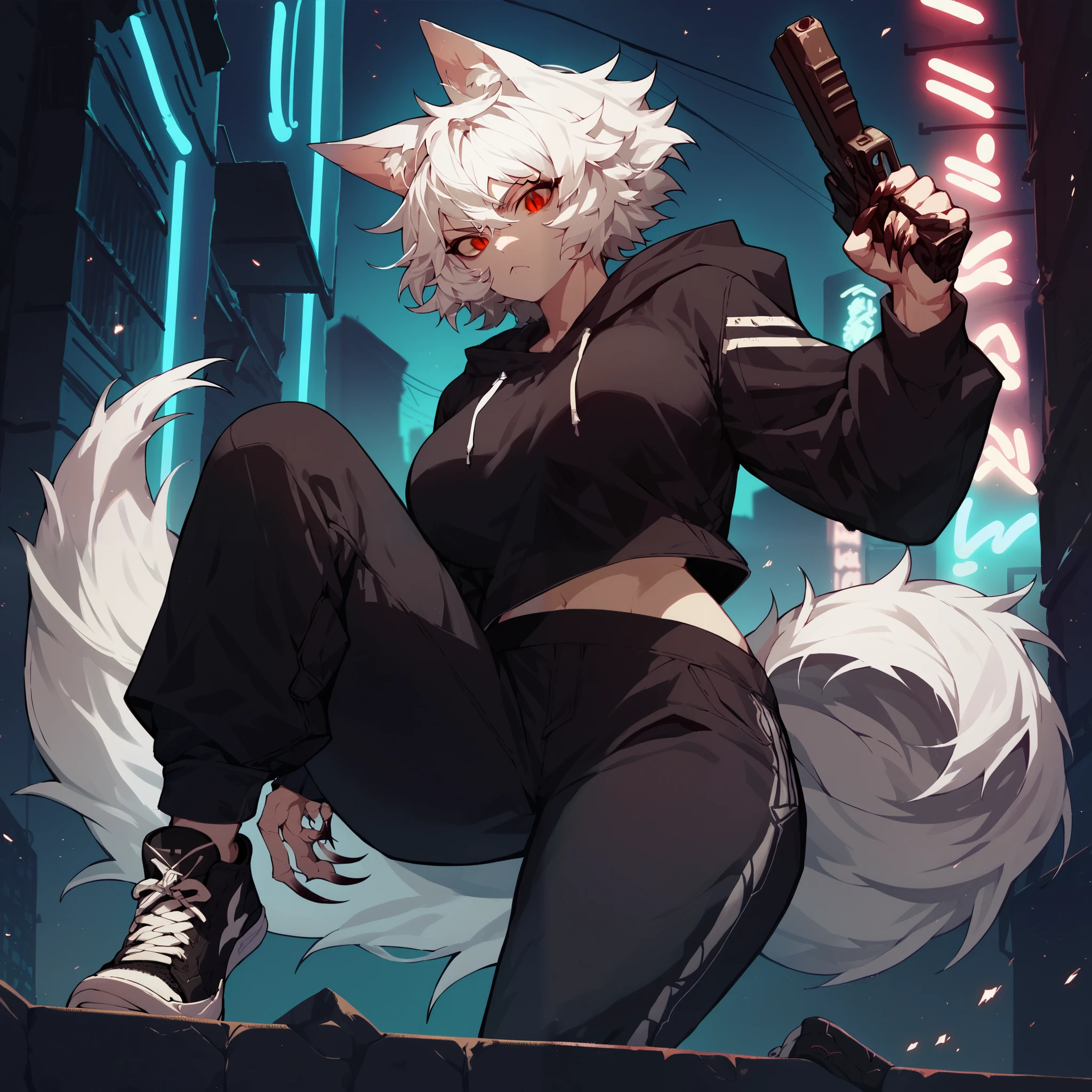 1girl, solo, short messy white hair, red eyes, slit pupils, sharp nails, wolf tail, wolf ears, big breasts, wide hips, thighs, black hoodie, black baggy pants, black sneakers, serious, holding a gun, dynamic pose, parkour, full body, looking at viewer, night city background, neon lights, from the front view