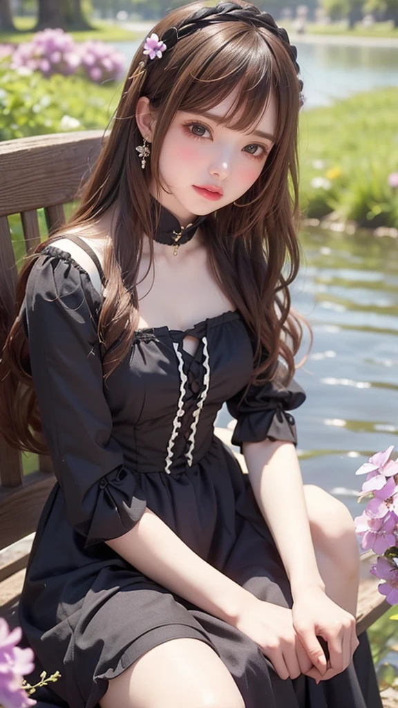 <lora:Z5K56JA:1>, 1girl, solo, jewelry, necklace, brown hair, realistic, brown eyes, bow, hair bow, black bow, looking at viewer, dress, flower, strap slip, lips, (pantyhose), makeup, outdoors, on grass, park,