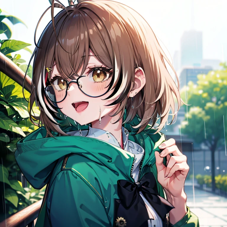 Nanashi Mumei in the rain, large coat, laughing, fearhers on head, glasses, wet short hair