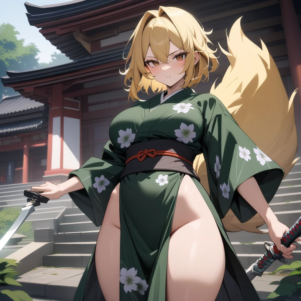 (masterpiece),(best quality),(ultra-detailed),(very aesthetic),nsfw,BREAK,solo,1girl,30 years old,curvy,large breasts,tall,stout build,(toned:0.7),bewitching,(fox tail),blonde fox ears,short hair,blonde hair,beautiful face,(brown eyes),(messy hair),disheveled hair,hair intakes,(fusion of dark green gradient flower print kimono and pelvic curtain:1.2),loose chest,serious,sentimental emotion,open stance,(holding a katana),swinging a katana from the top,The trajectory of the katana as it was swung down glows purple,rage,tabi,bandaged hand,(japanese shrin,plaza),(scar on cheek,scar on breasts:1.2),cowboy shot