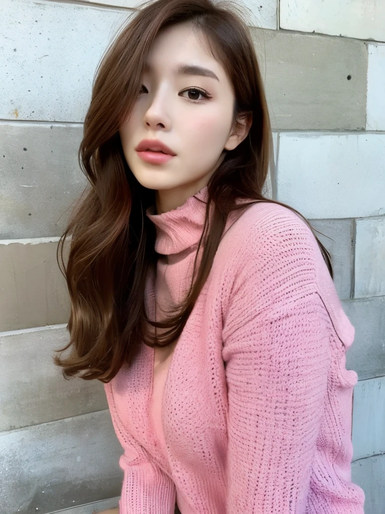 top quality, beautiful women , 28 years old, S, 35mm Lens, debt/1, cowboy shot, concrete background 、Tile Background、 red knitwear 、 light brown ,from below、 straight hair、 straight hair、 shiny hair , silky hair、 full body photo、 center part