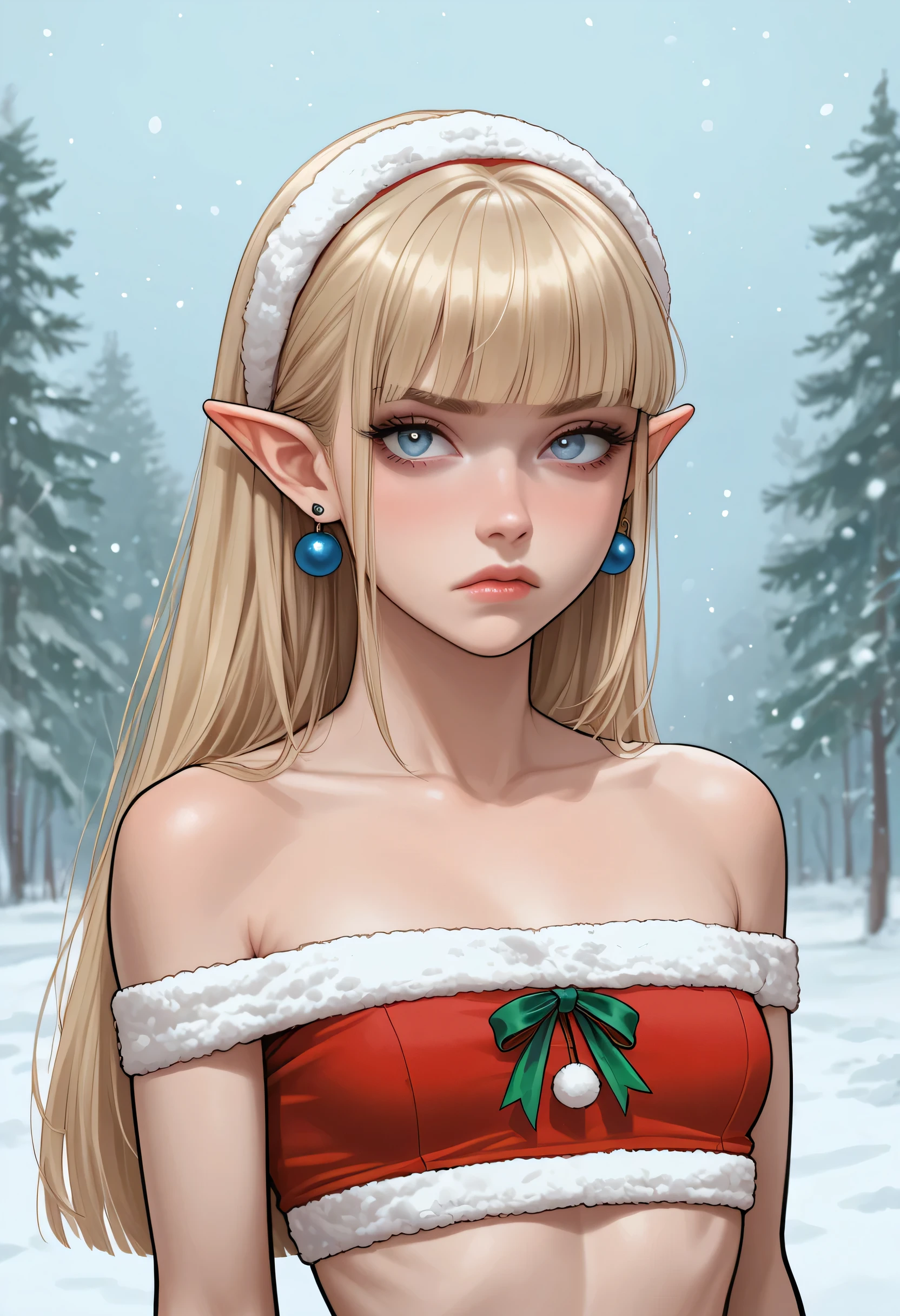 1girl, annoyed expression, (light blue brillant eyes), EARRINGS, pointed ears, rubor, makeup, (Santa Claus cropped top, small breast) BLONDE HAIR, hime cut, looking at viewer, Snow and cold, (Slim Body), portrait. score_9, score_8_up, score_7_up. 