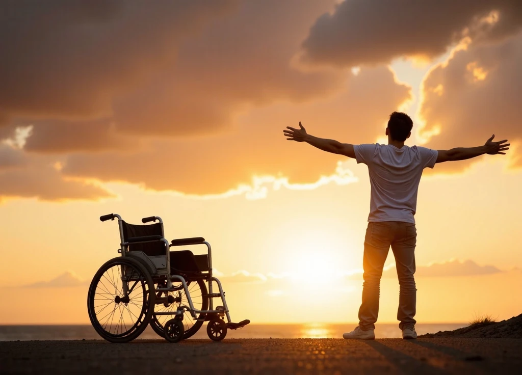 The image shows a person standing with arms outstretched, looking up at an orange and gold sky at sunset. Next to him is a wheelchair, which suggests that this person has overcome some disability or physical limitation. 
The scene conveys a feeling of liberation, hope and triumph over challenges. The image evokes the idea of ​​a "miracle" or a positive transformation in this person's life.
 