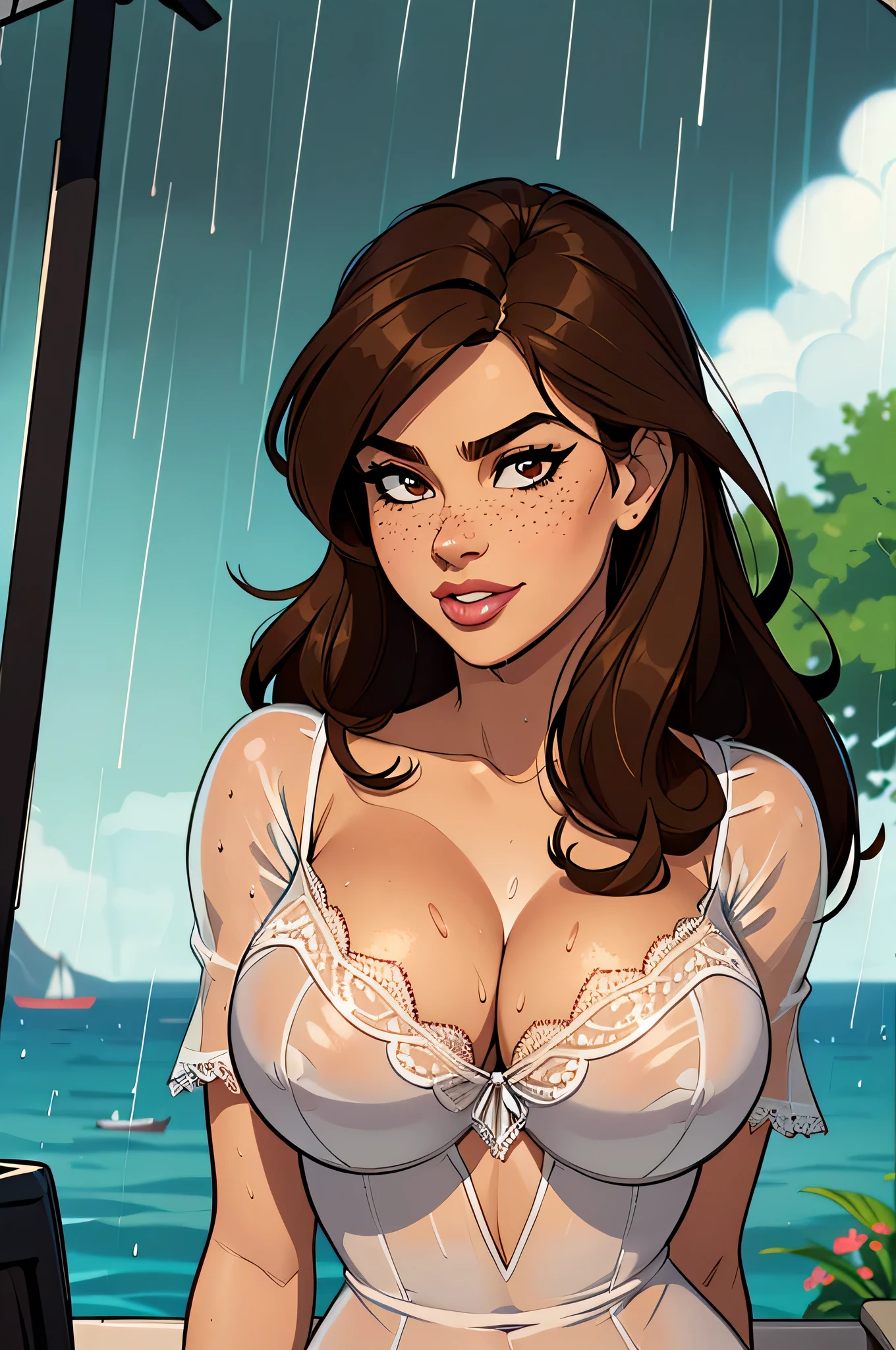 ( absurd, high quality, ultra detailed , watch out for your hand ) close up of an athletic and thin curvaceous woman (Jezabel Jade ), 25 years, 8k (( high definition )), beautiful smile, seductive look, brown eyes , nose fine, wearing a white dress (( lace boat neckline, short sleeves )), thin waist , arms at her sides, pele morena, brown hair (( long and straight, with bangs )), standing (( upper body )), uniform with freckles on her chest and neck, (( Big breasts , round, wet by the rain)). Marvel style (( high quality)), Rainy day in the background.