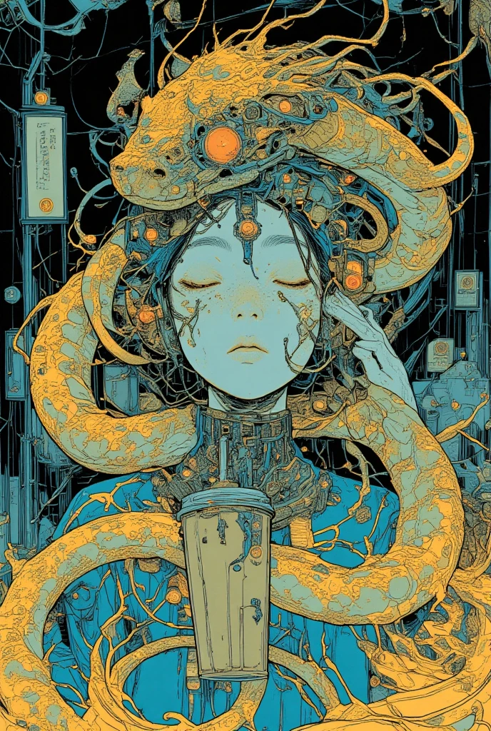  There is a picture of a snake and a woman with a snake head, Arcimboldo , Tumbler,  amazing realism,  Detailed photo of the album cover  ,  Additional Details ,   full color illustration,  Detailed Book Illustrations , Extremely Detailed Image , Colored illustration,  very close shot , ニチョスとArcimboldo, Cover illustration,Medusa