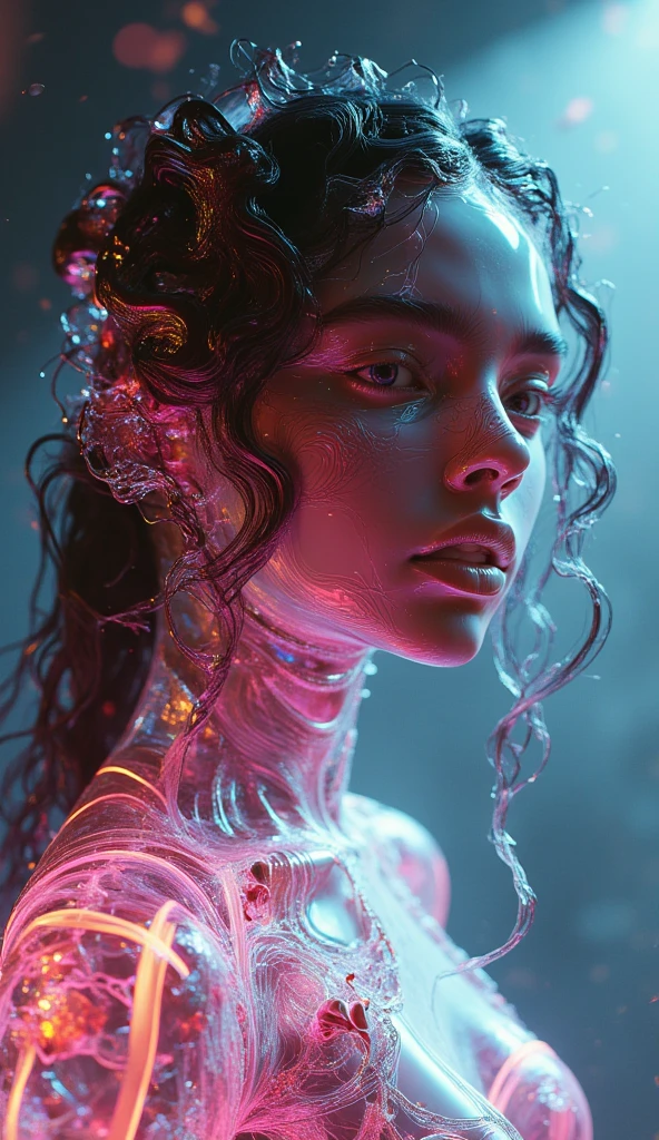 ((Waist shot)), craft a hyper realistic vertical photo of most attractive transparent tron jumpsuit crystal glass girl with neon light (Penelope Cruz),(Emma Watson), beautiful eyes, long hair, neon pink armor, intricate pink armor, delicate pink filigree, intricate filigree, red metalic parts, body made out of glass, intricate beauty, bioluminescence, blue veins, detailed eyes, sparkling, reflections, (translucent), elegant, simple background, dim light, volumetric lighting, hyper realistic, blurry foreground, blurry background, (bloodborne:1.1),