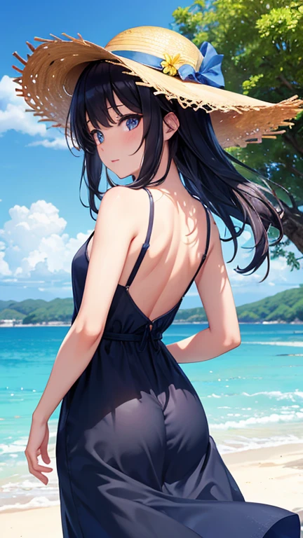 ((masterpiece))、((top-quality)、(Super Detail)、8K、Delicate depictions are filmed in anime style。
(Very long hair、Black hair and bright blue eyes、)、Half Twin Tail、Her blue eyes are highlighted。
The overall tone is brighter、she is smiling。sand beach, Summer, Black and white bikini,frilld、 Spiteful smile, Rear view、Turned、kawaii pose、
(((mare))、((Fantastic.))