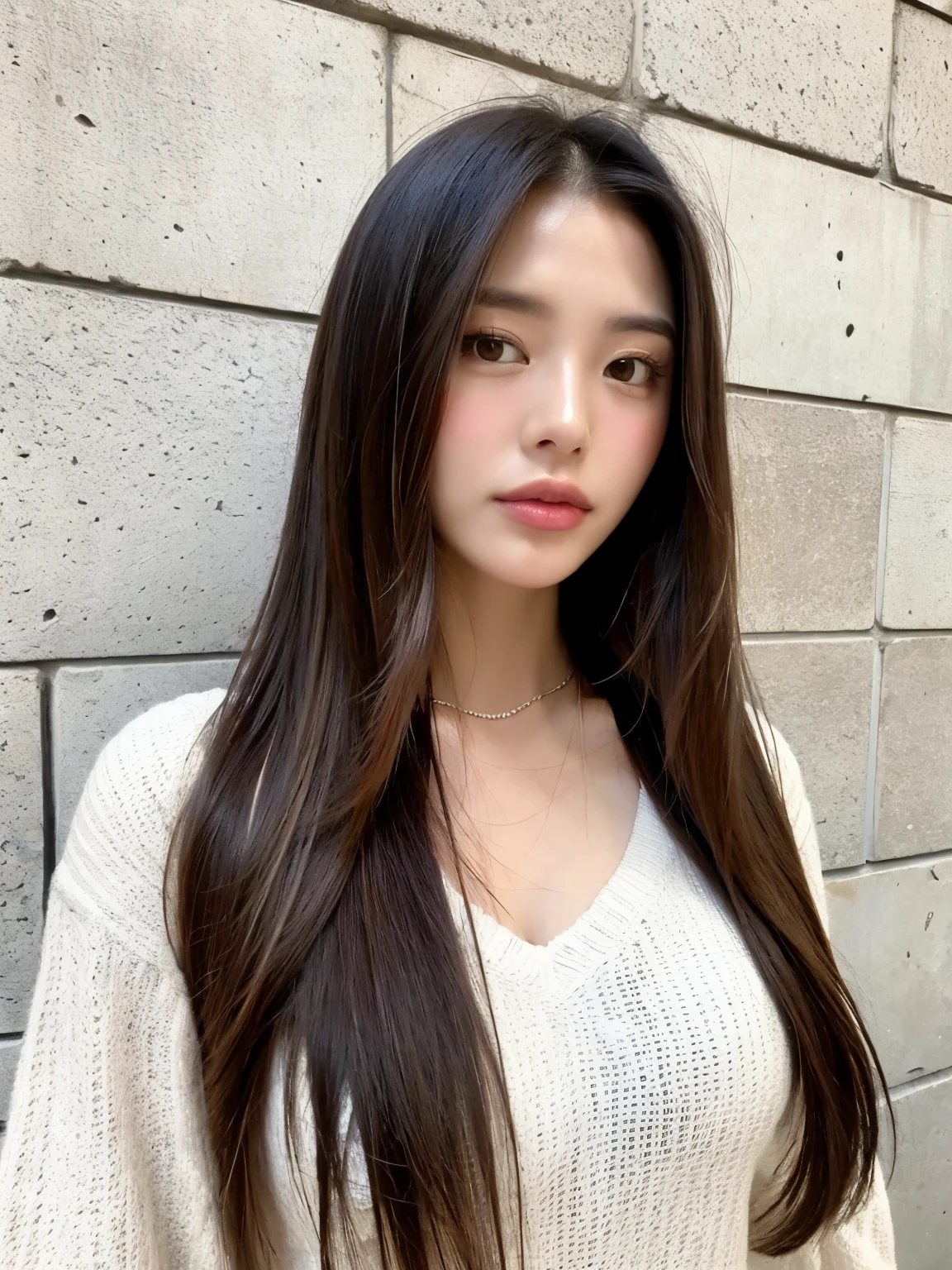 top quality, beautiful women , 28 years old, S, 35mm Lens, debt/1, cowboy shot, concrete background 、Tile Background、 red knitwear 、 light brown ,from below、 straight hair、 straight hair、 shiny hair , silky hair、 full body photo、 center part