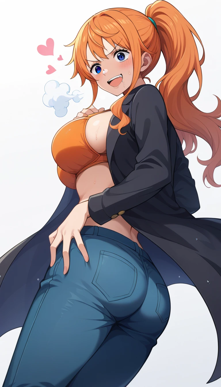   score_4_On top of that, interruption source _  anime, We, Orange Hair,    long hair,    wave hair  ,  blue eyes, Big Breastsギャル   ,   Big Breasts  ,     Orange Bra ,    wet body  ,  steam breath, , Obscene,  sexy、valley、 legs together、blush、sweat、v-shaped eyebrows、low angle,looking down, blue jeans,stretch denim、black trench coat,black coat,Plain color coat, ponytail, grabs the chest 、 white background 、 hands where the camera is、、grab own ass,,Droopy eyes,hearts Effects、shout、 open your mouth wide、drooling、smile、grab own hip,、 focus on butt 、back shot