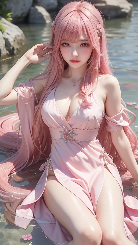 Light pink hair, Pink Eyes, Pink and white,  Vibrant colors, Ray Tracing, Wavy long hair、Walking by the pool at a resort hotel、Entering the blue sky、white top bikini、One leg is visible through the pareo.,21 years old