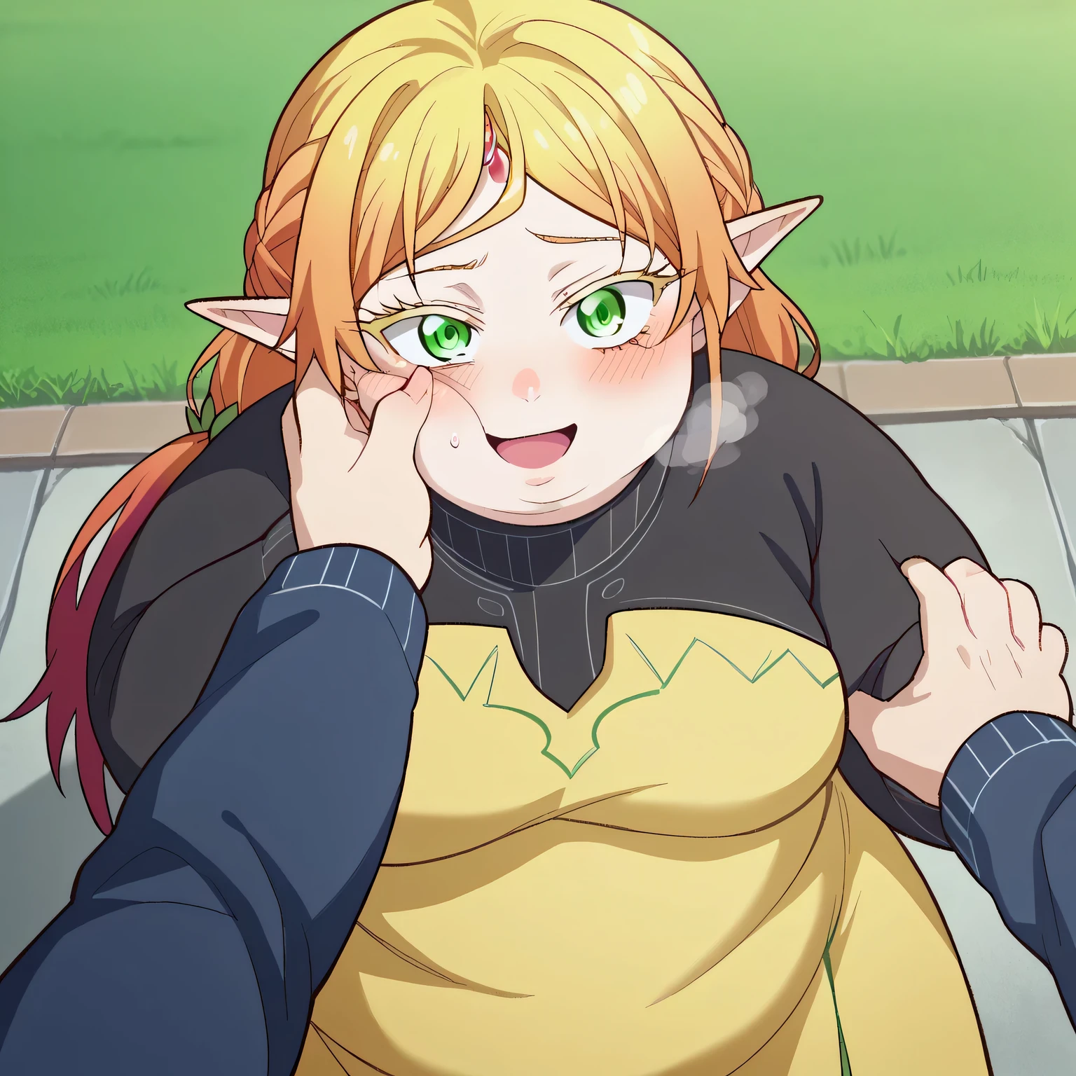 score_9, score_8_up, score_7_up, source_anime,
tsundereelf, tsundere elf, long hair, blonde hair, green eyes, pointy ears, elf, multicolored hair, forehead jewel,
dress, yellow dress, long sleeves, turtleneck bodysuit, pantyhose, sweater, black sweater,
outdoors, landscape, bent over, smile,
looking at viewer, cowboy shot, dutch angle, swollen face, fat, chubby, obese, open mouth, out of breath, absurdres, highres icon, rating:General, confused, blush, {flustered}, nervous sweating, portrait, pov hands, hand on another's cheek, averting eyes, [looking away], straight-on, from above,  upper body, masterpiece, best quality, ultra-detailed, high resolution, 8K, 