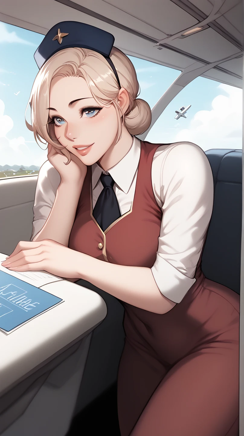 A beautiful female hostess inside plane, greet with smile