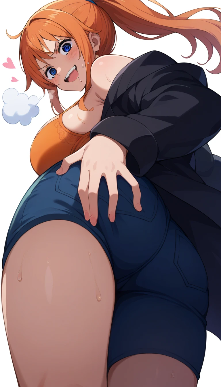   score_4_On top of that, interruption source _  anime, We, Orange Hair,    long hair,    wave hair  ,  blue eyes, Big Breastsギャル   ,   Big Breasts  ,     Orange Bra ,    wet body  ,  steam breath, , Obscene,  sexy、valley、 legs together、blush、sweat、v-shaped eyebrows、low angle,looking down, blue jeans,stretch denim、black trench coat,black coat,Plain color coat, ponytail, grabs the chest 、 white background 、 hands where the camera is、、grab own ass,,Droopy eyes,hearts Effects、shout、 open your mouth wide、drooling、smile、grab own hip,、 focus on butt 、back shot,low angle