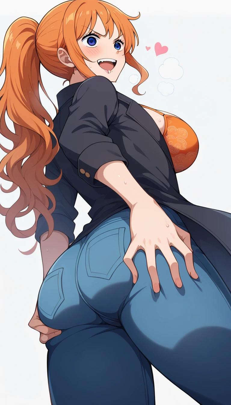   score_4_On top of that, interruption source _  anime, We, Orange Hair,    long hair,    wave hair  ,  blue eyes, Big Breastsギャル   ,   Big Breasts  ,     Orange Bra ,    wet body  ,  steam breath, , Obscene,  sexy、valley、 legs together、blush、sweat、v-shaped eyebrows、low angle,looking down, blue jeans,stretch denim、black trench coat,black coat,Plain color coat, ponytail, grabs the chest 、 white background 、 hands where the camera is、、grab own ass,,Droopy eyes,hearts Effects、shout、 open your mouth wide、drooling、smile、grab own hip,、 focus on butt 、back shot,low angle